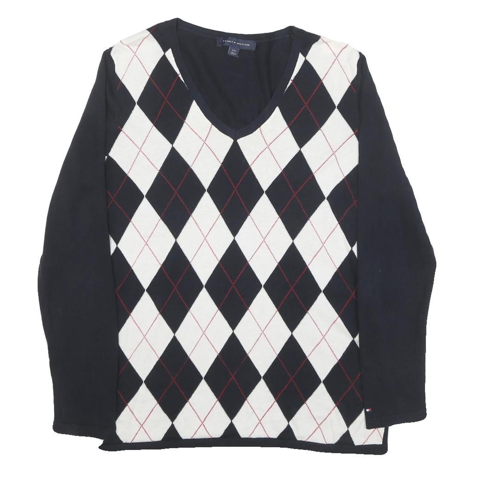TOMMY HILFIGER Mens Navy & White Argyle Pattern V-Neck Cotton Blend Jumper L Refurbished - N/A refurbished available on Cerqular