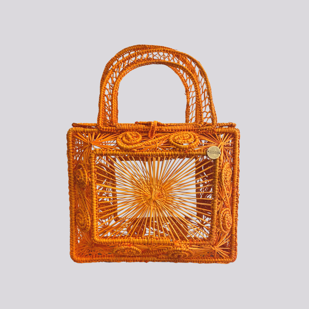 Sandra Bag - Straw Bag - Hand Woven Iraca Palm Bag, Top Handle Purse | Color: Orange Refurbished - Apalma Handmade refurbished available on Cerqular