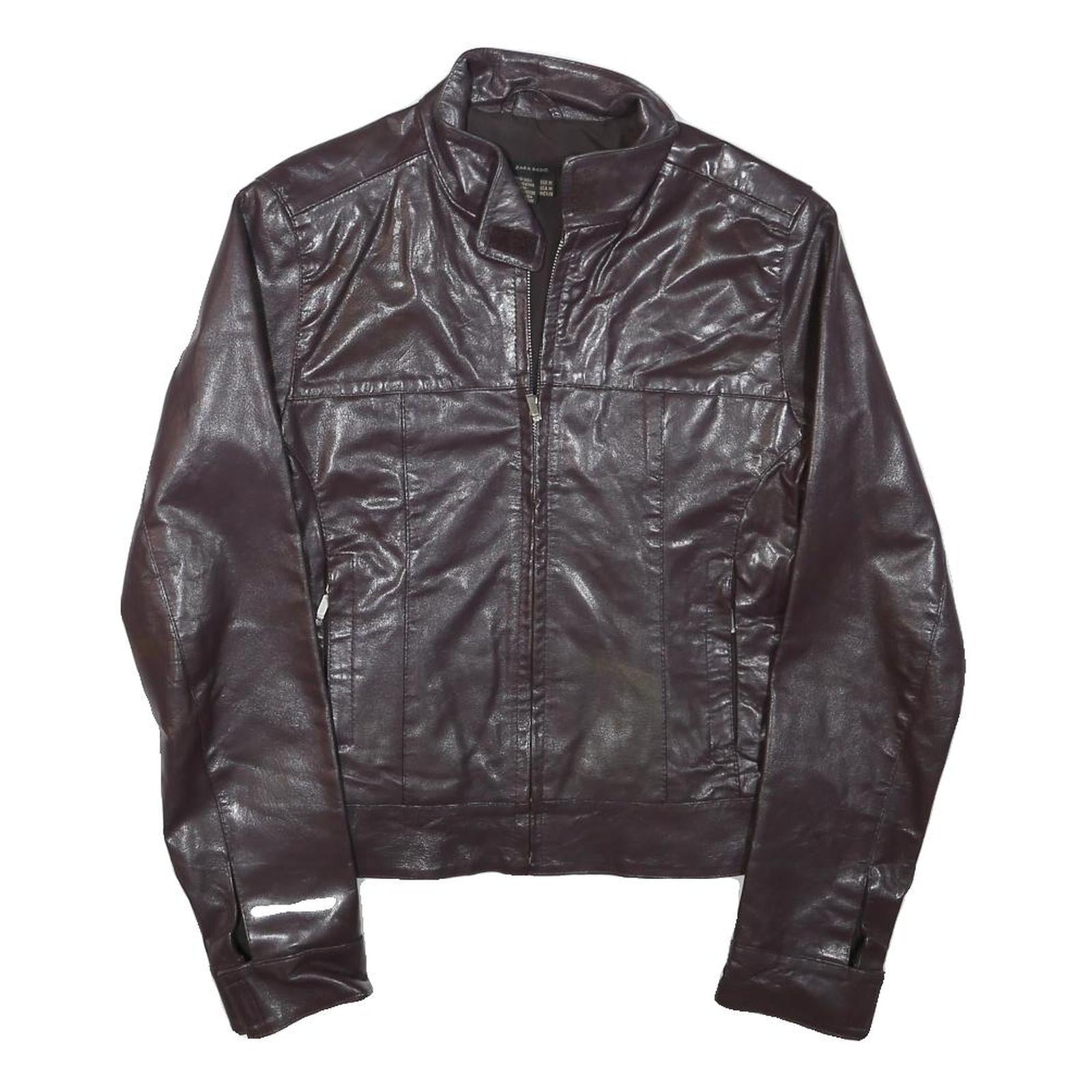 ZARA BASIC Womens Brown Leather Jacket M Leather Plain Zip Casual Stylish Refurbished - N/A refurbished available on Cerqular