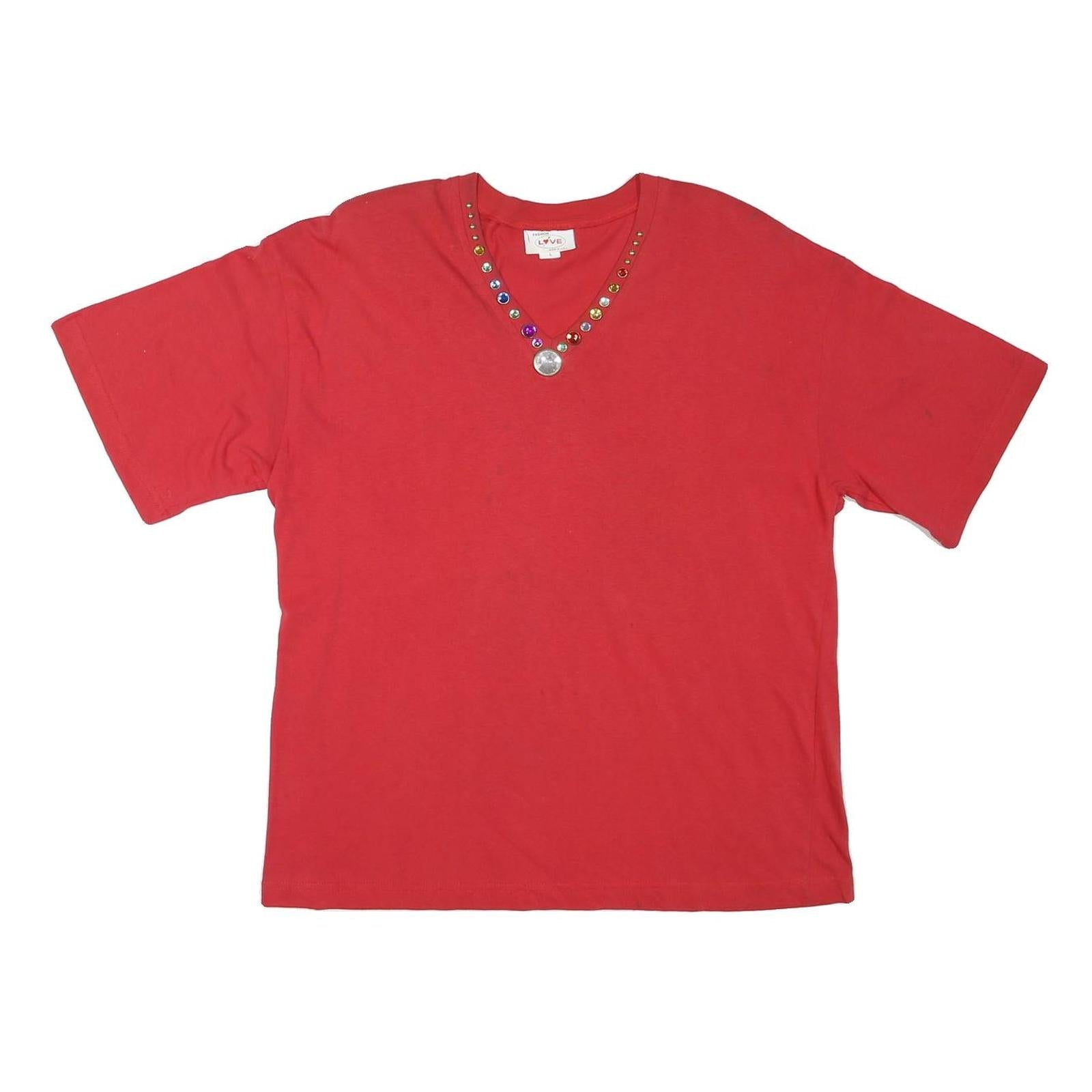 FASHION LOVE Womens Red L V-Neck T-Shirt Short Sleeve Stud Embellished Refurbished - N/A refurbished available on Cerqular