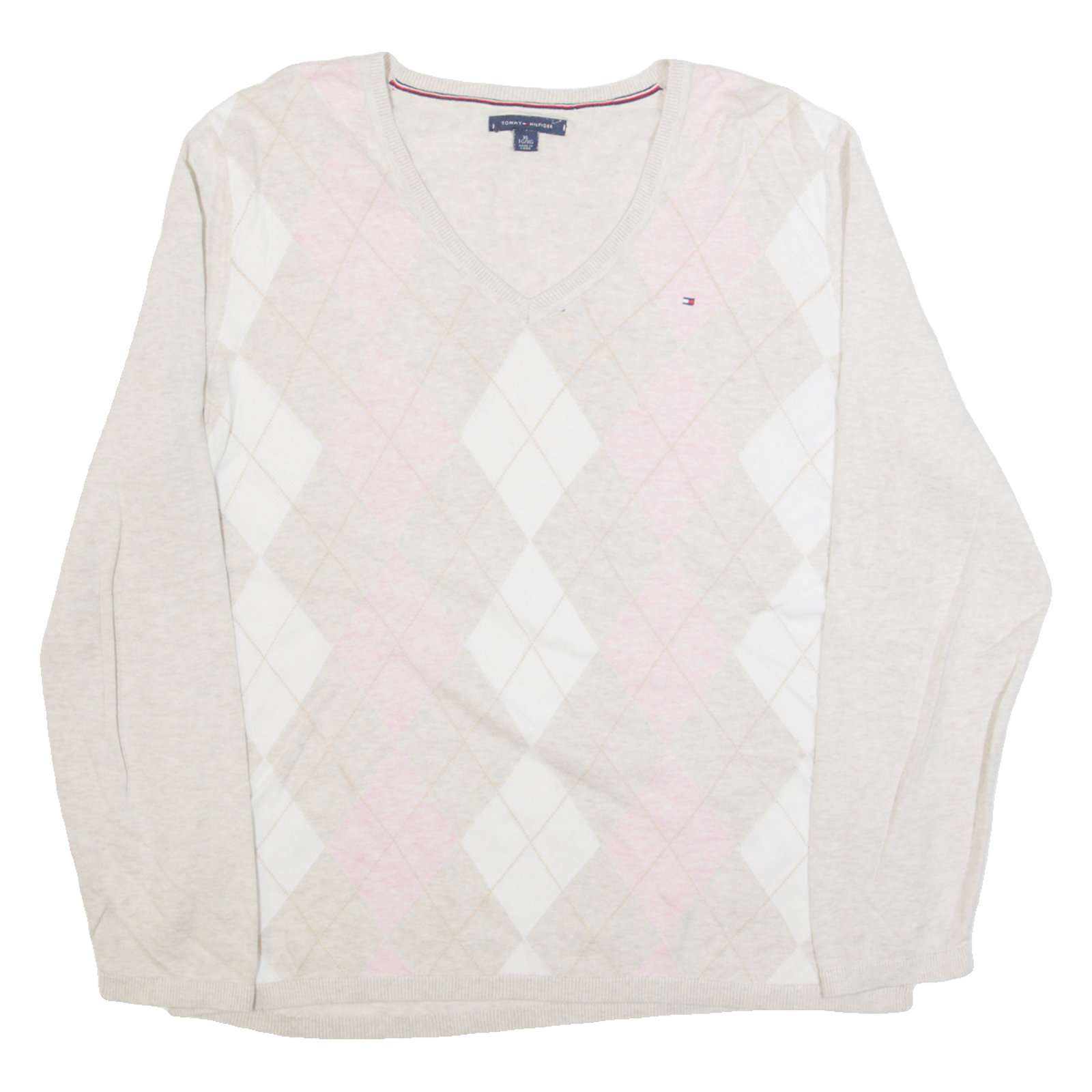 TOMMY HILFIGER Womens Patterned Jumper Beige Argyle V-Neck Tight Knit XL Refurbished - N/A refurbished available on Cerqular