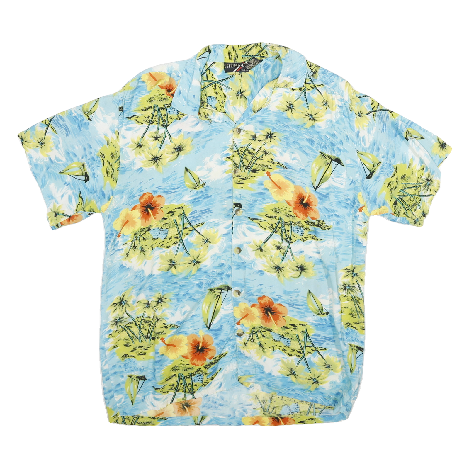 THUMS UP Mens Blue Hawaiian Rayon Shirt M Floral Beach Print Relaxed Fit Refurbished - N/A refurbished available on Cerqular