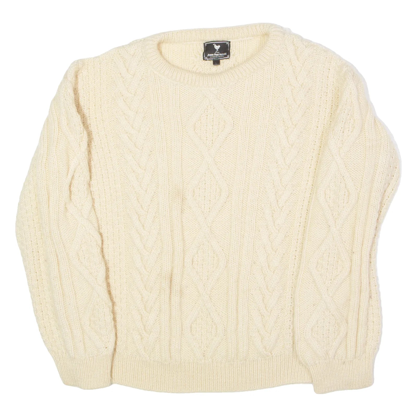 JOHN PARTRIDGE Mens Aran Jumper Cream Crew Neck Cable Knit Wool L Refurbished - Go Thrift (This is a lesser known brand, but it is a thr refurbished available on Cerqular