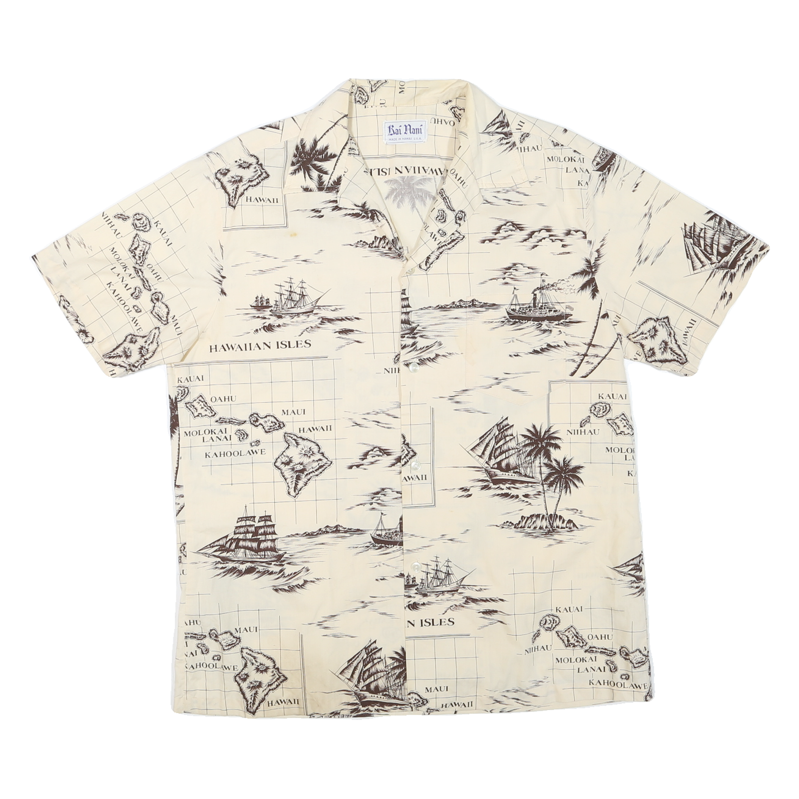 Mens Beige Hawaiian Isles Print Cotton Blend Short Sleeve Shirt L Summer Casual Refurbished - N/A refurbished available on Cerqular