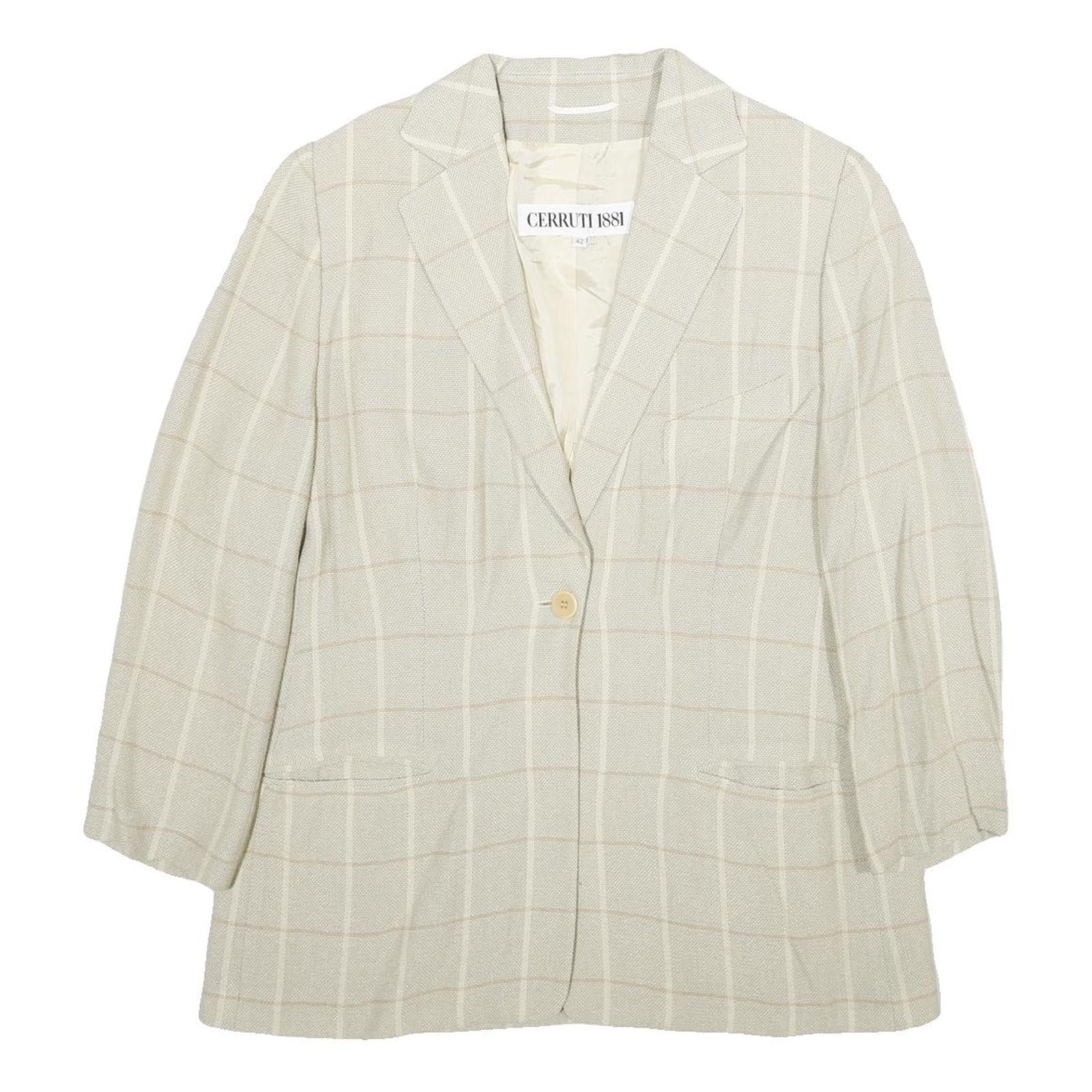 CERRUTI Womens Beige Cream Check Wool Blend Blazer Jacket UK 14 Tailored Button Refurbished - N/A refurbished available on Cerqular