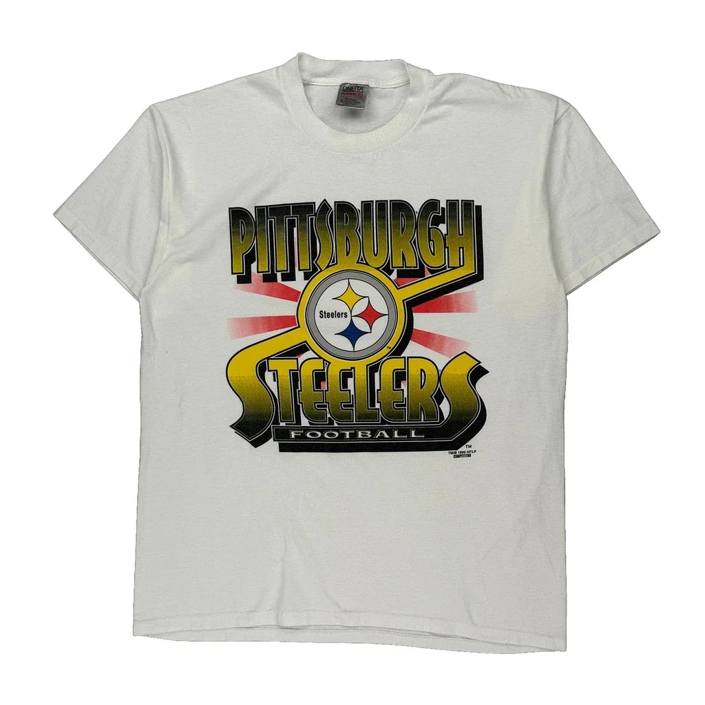 Pittsburgh Steelers Oneita Graphic T-Shirt - XL White Cotton Blend Refurbished - Thrifted (note: this is a term often used to describe second- refurbished available on Cerqular