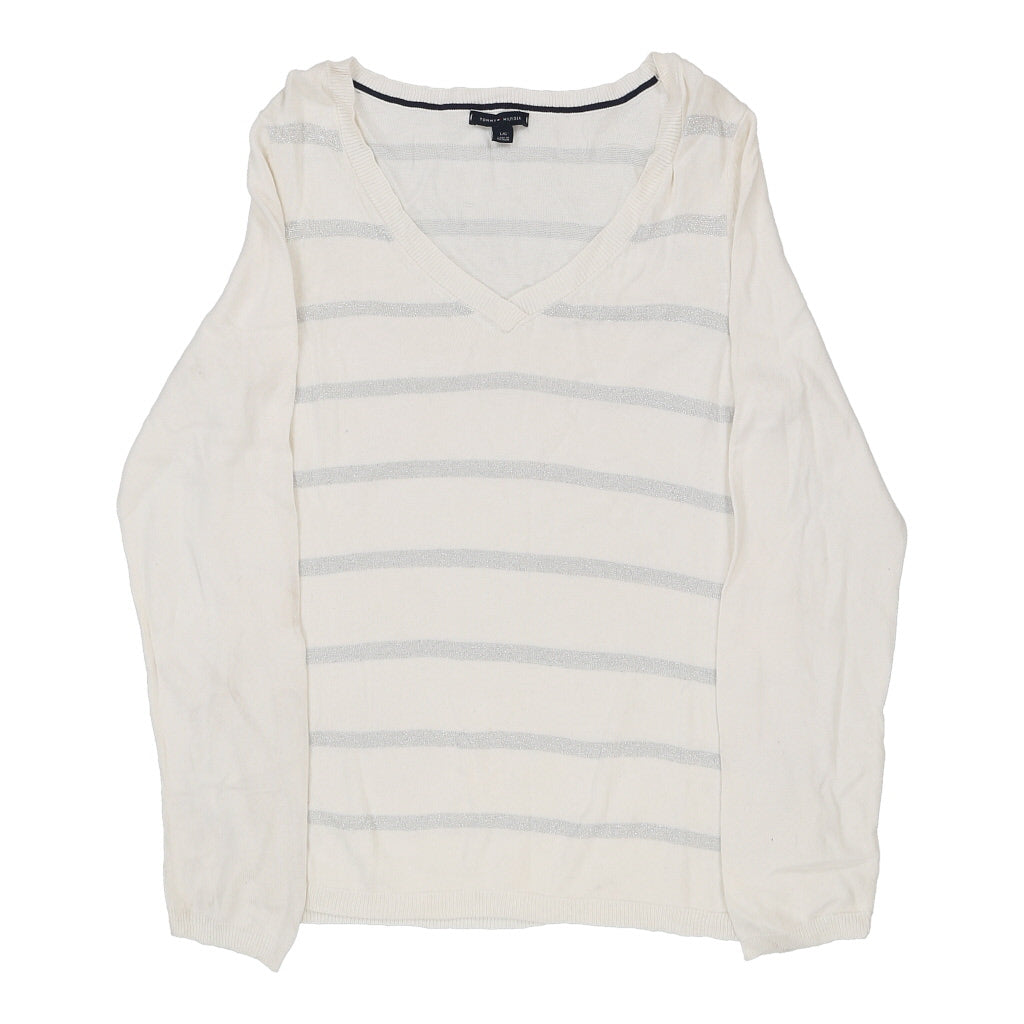 Buy Tommy Hilfiger V-neck Jumper - Large Cream Cotton Refurbished - $17.81 Tommy Hilfiger V-neck Jumper - Large Cream Cotton Refurbished - Thrifted (note: this is a term often used to describe second- refurbished available on Cerqular