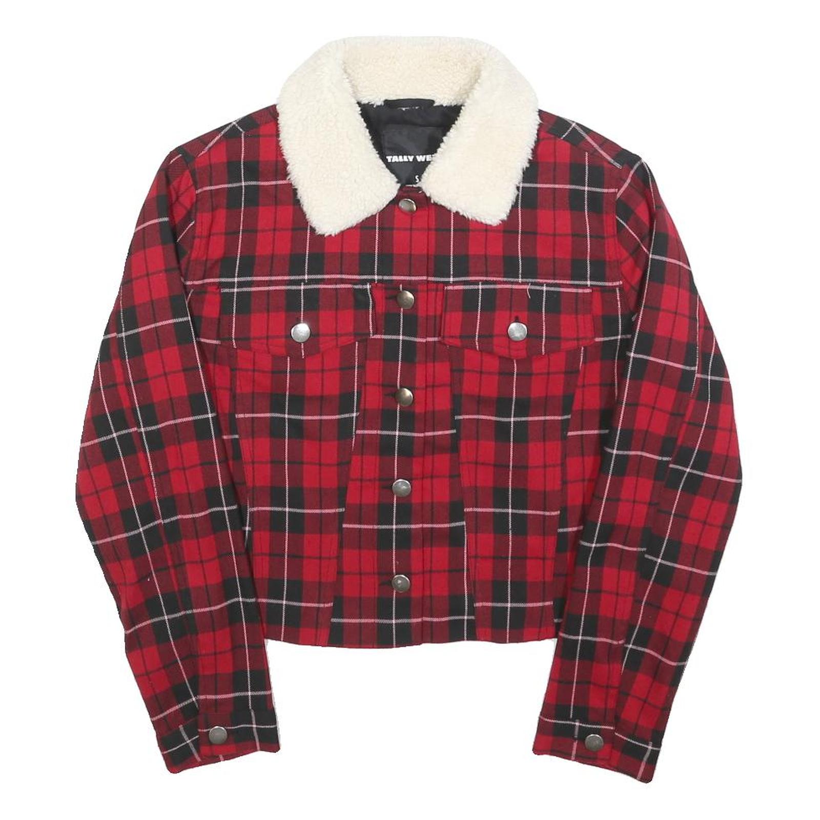 TALLY WEIJL Womens Red Black Check Button Cotton Jacket S Sherpa Collar Stylish Refurbished - N/A refurbished available on Cerqular
