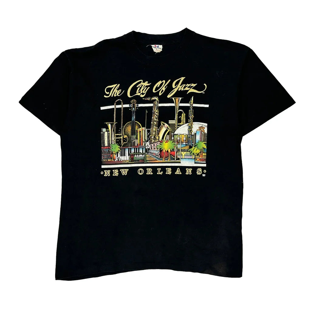 New Orleans Tee Jays Single Stitch T-Shirt - XL Black Cotton Refurbished - Thrifted (note: this is a term often used to describe second- refurbished available on Cerqular