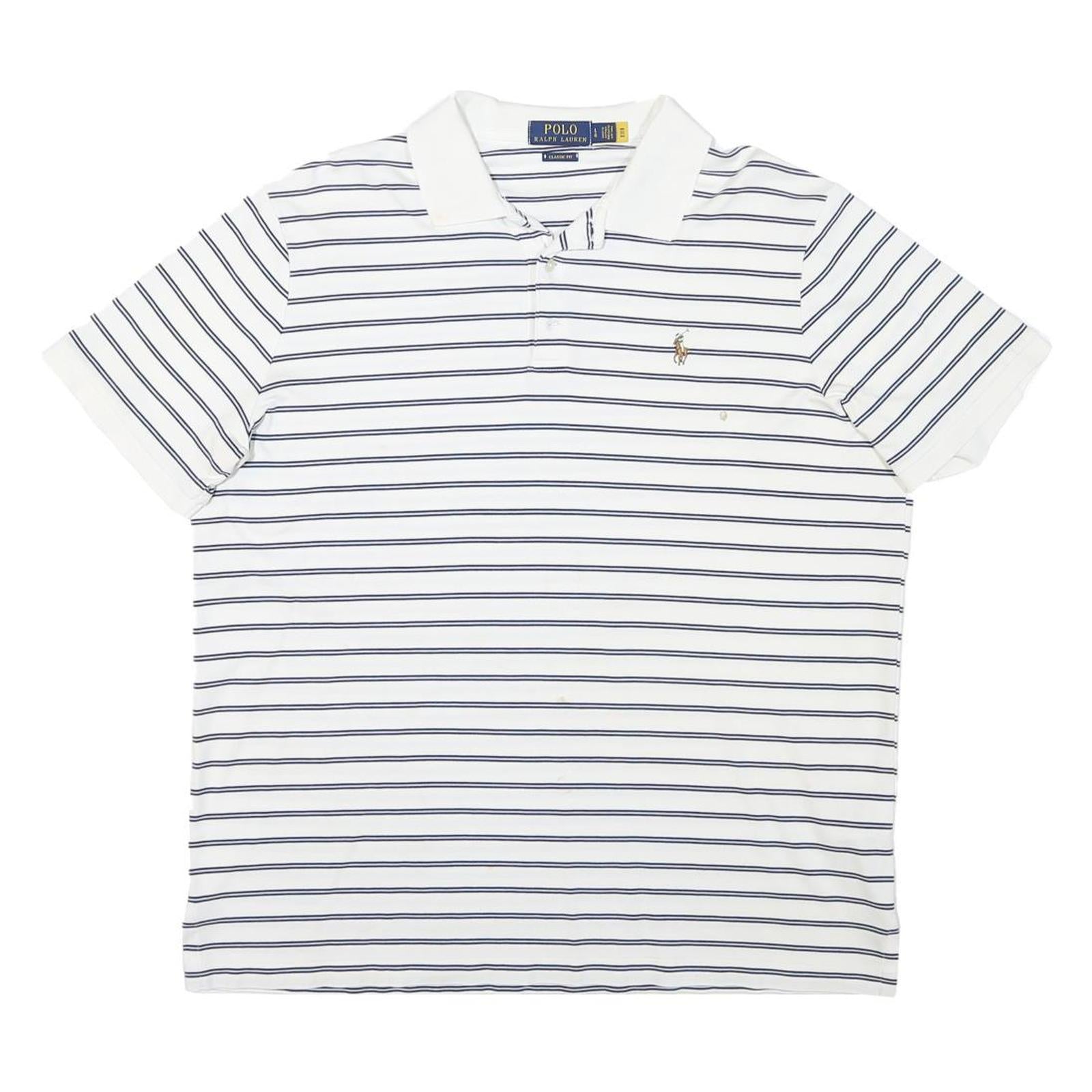 POLO RALPH LAUREN Mens White & Navy Striped Short Sleeve Polo Shirt L Cotton Refurbished - N/A refurbished available on Cerqular