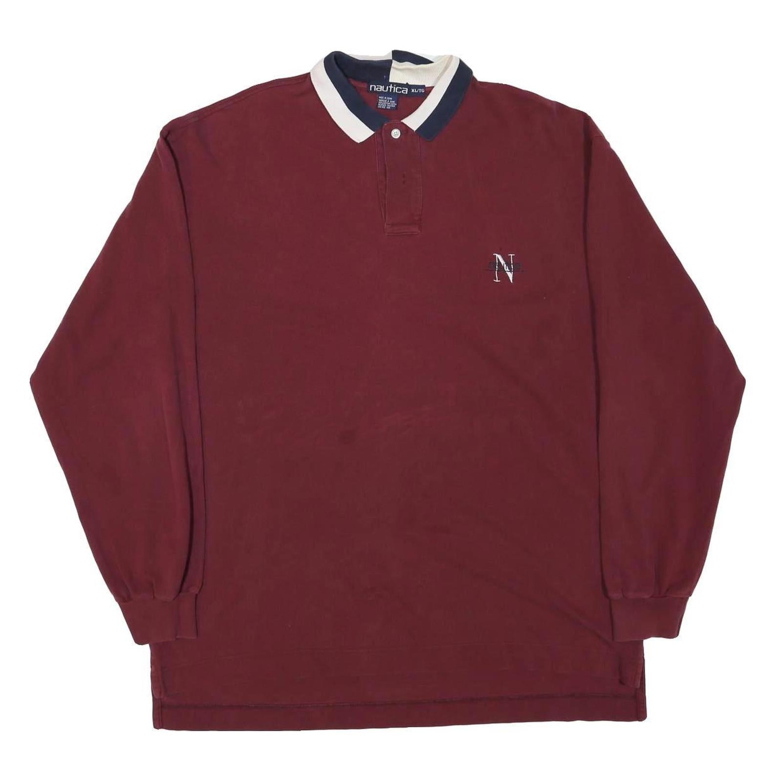 NAUTICA Mens Maroon Long Sleeve Plain XL Cotton Blend Polo Shirt Classic Logo Refurbished - N/A refurbished available on Cerqular