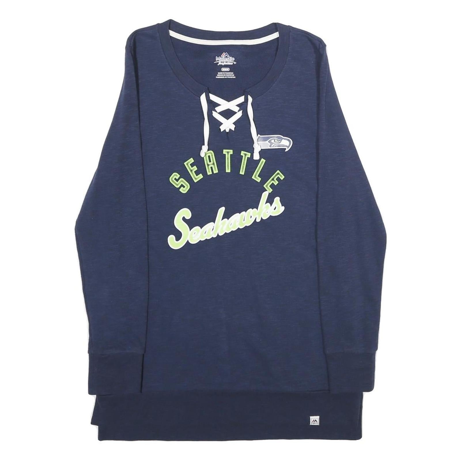 MAJESTIC Womens Blue Seattle Seahawks Lace Up Neck M Cotton Blend Sweatshirt Refurbished - N/A refurbished available on Cerqular