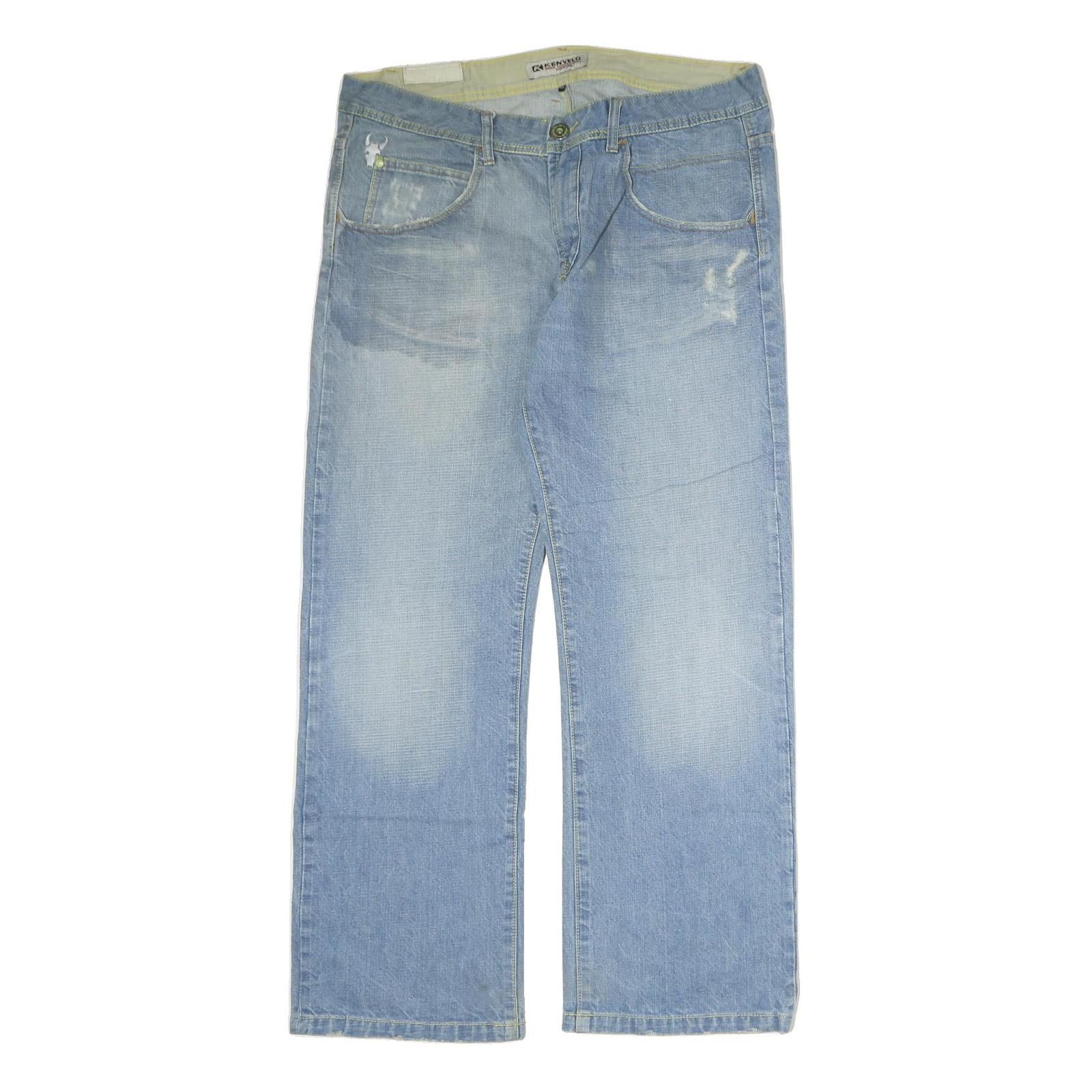 KENVELO Mens Jeans Blue Regular Straight Denim Light W36 L32 Distressed Pockets Refurbished - N/A refurbished available on Cerqular