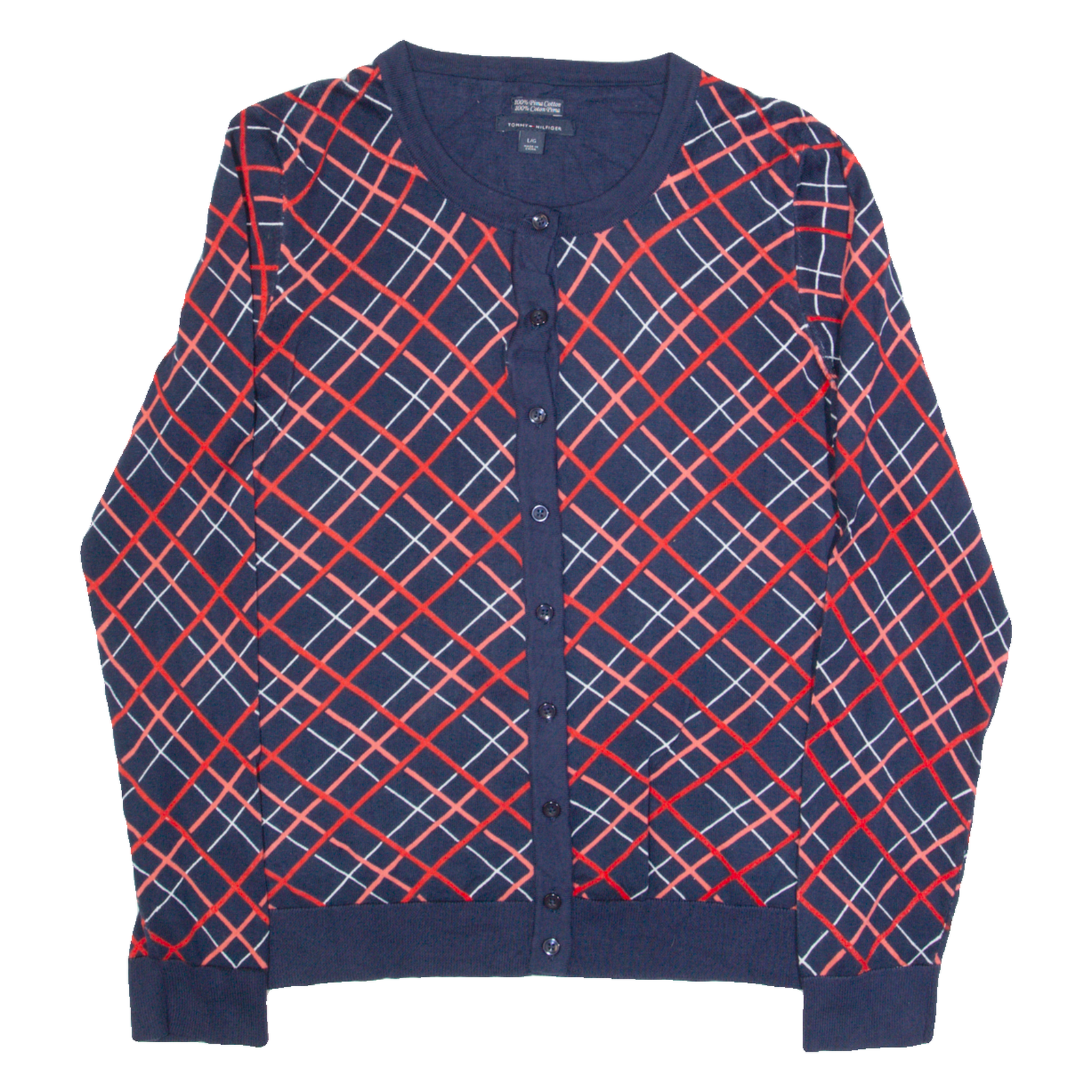TOMMY HILFIGER Womens Patterned Cardigan Blue Check Tight Knit L Refurbished - N/A refurbished available on Cerqular