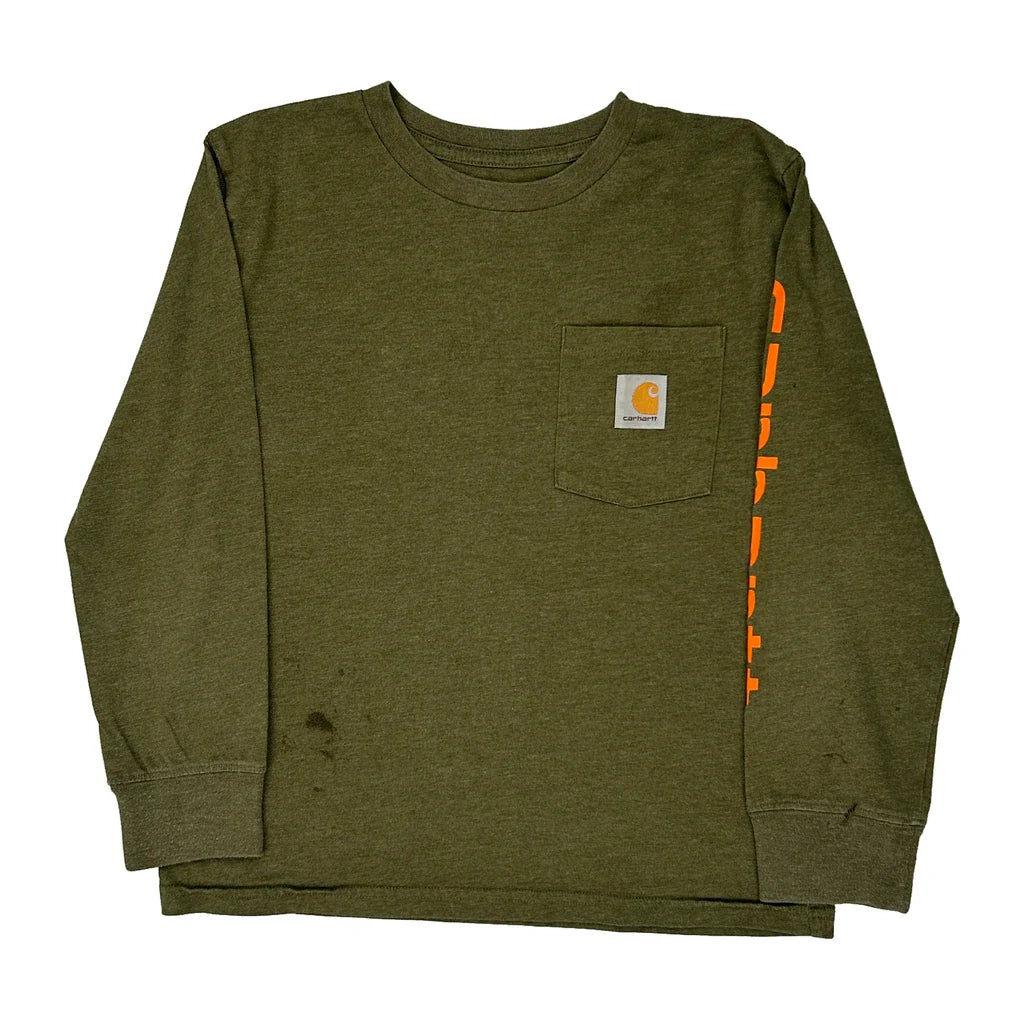 Age 8-10 Carhartt Long Sleeve T-Shirt - Small Green Cotton Refurbished - Thrifted (note: this is a term often used to describe second- refurbished available on Cerqular