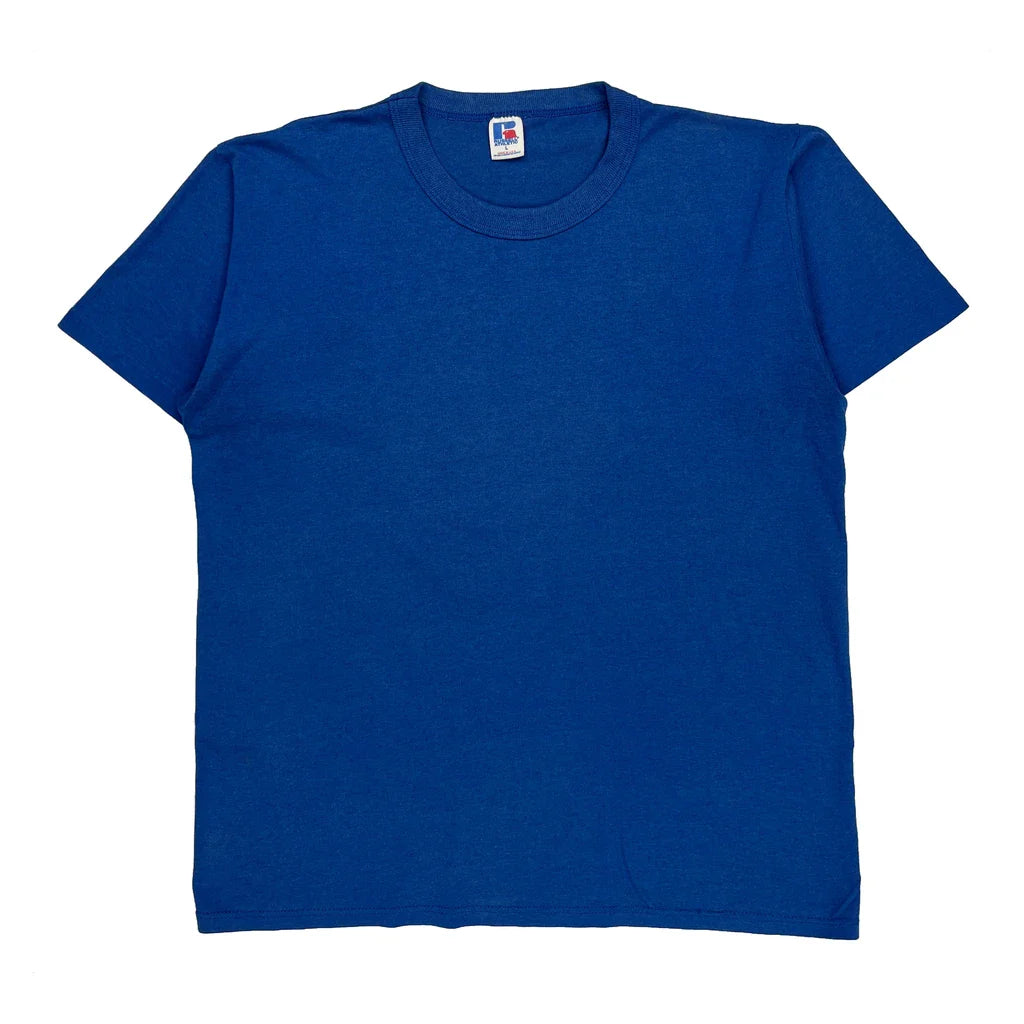 Center Lanes Russell Athletic Single Stitch T-Shirt - Large Blue Cotton Refurbished - Thrifted (note: this is a term often used to describe second- refurbished available on Cerqular