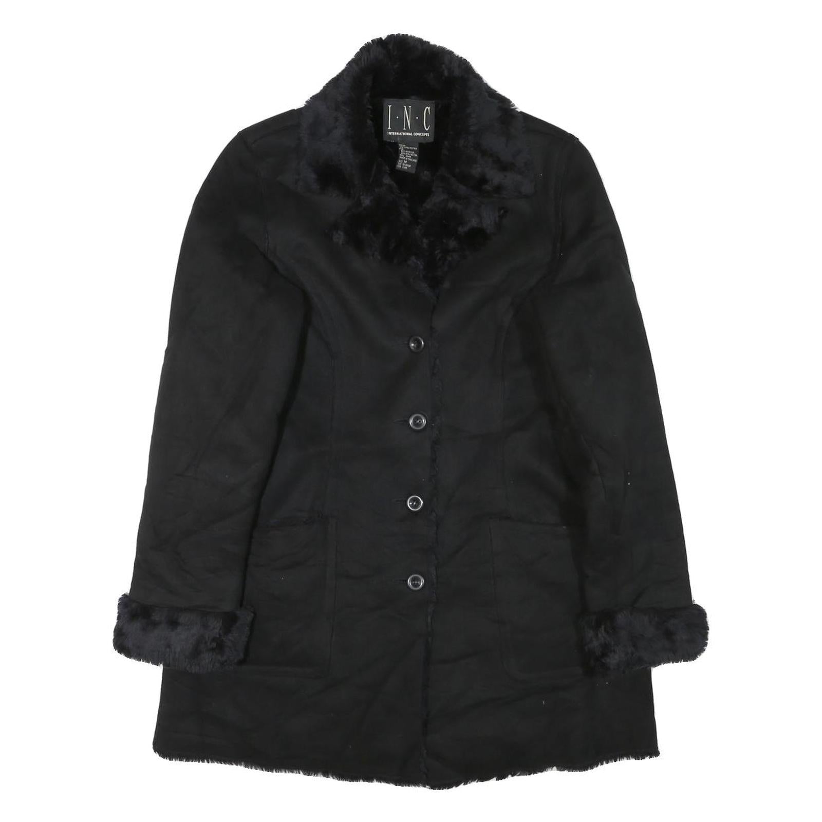 INC Womens Black Faux Fur Collar Button Jacket M Polyester Blend Classic Winter Refurbished - N/A refurbished available on Cerqular