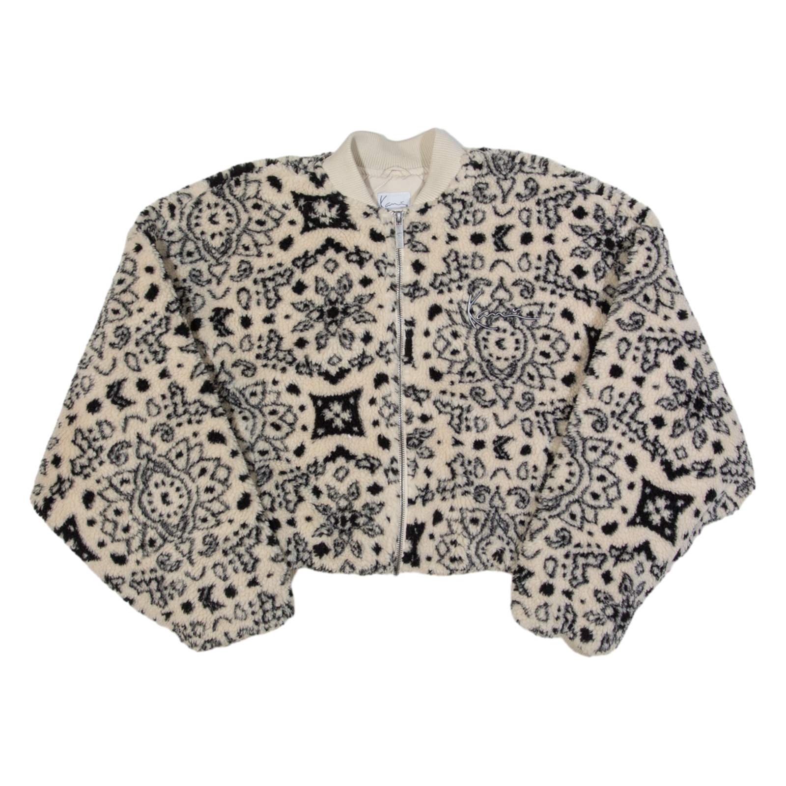 KARL KANI Cropped Womens Fleece Jacket Cream Crazy Pattern XS Refurbished - N/A refurbished available on Cerqular