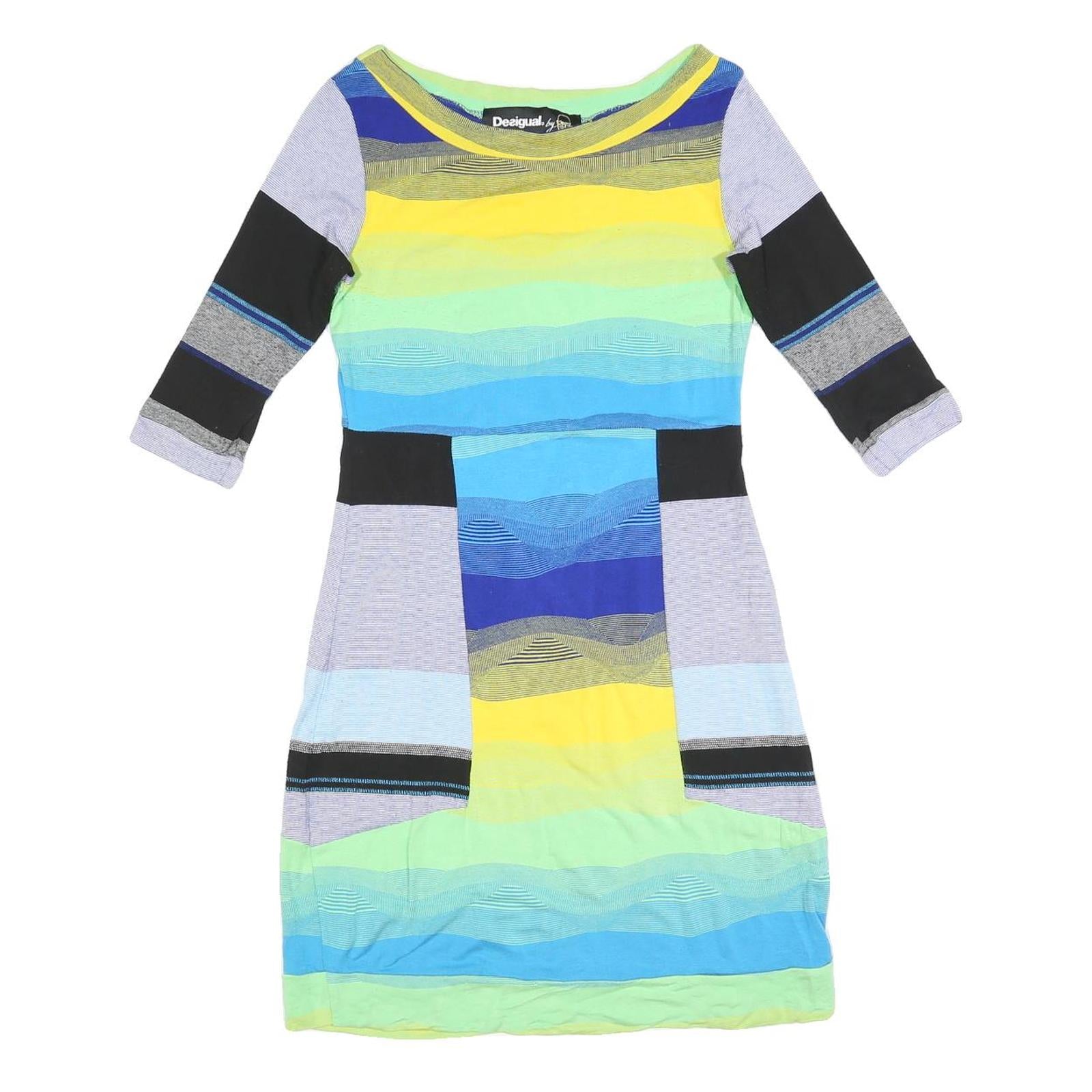 DESIGUAL Womens Blue Yellow Striped Day Dress Cotton Blend 3/4 Sleeve S Refurbished - N/A refurbished available on Cerqular