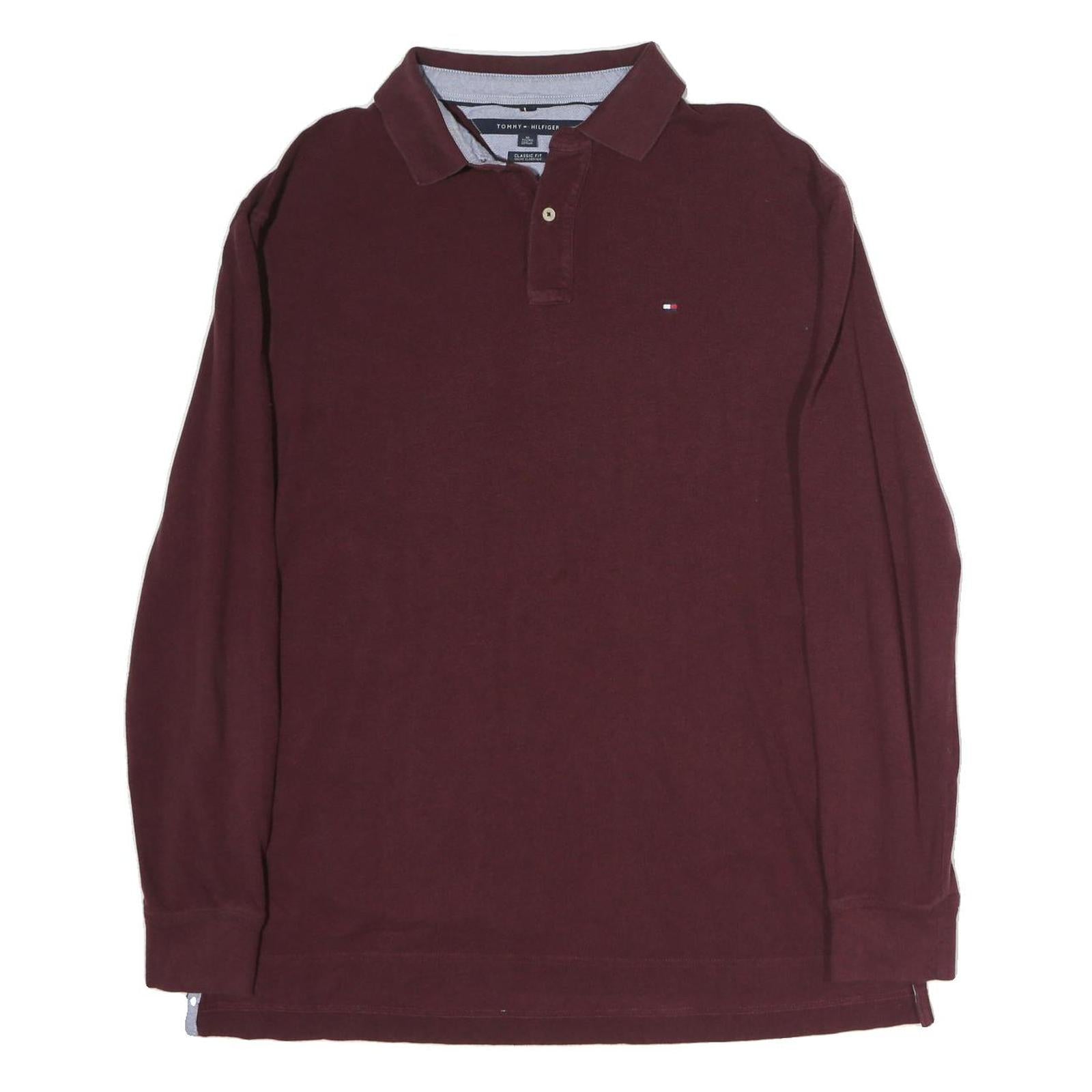 TOMMY HILFIGER Mens Maroon Long Sleeve Plain XL Cotton Classic Fit Polo Shirt Refurbished - N/A refurbished available on Cerqular