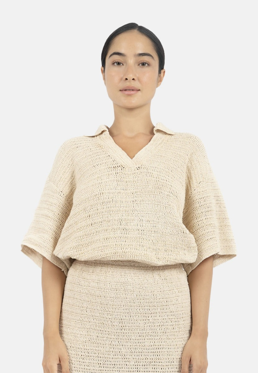 Sedona Crochet Polo Top-Natural | Size: L Refurbished - N/A refurbished available on Cerqular