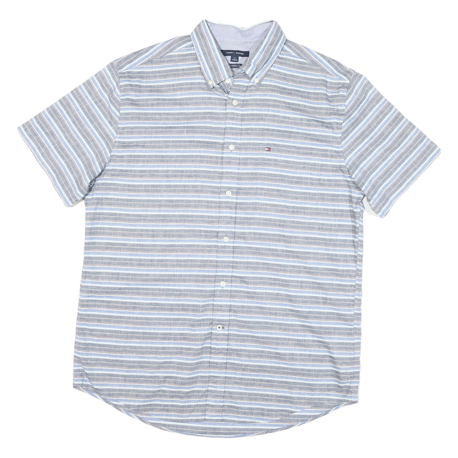 TOMMY HILFIGER Mens Blue & Grey Striped Cotton Blend Shirt L Classic Fit Casual Refurbished - N/A refurbished available on Cerqular