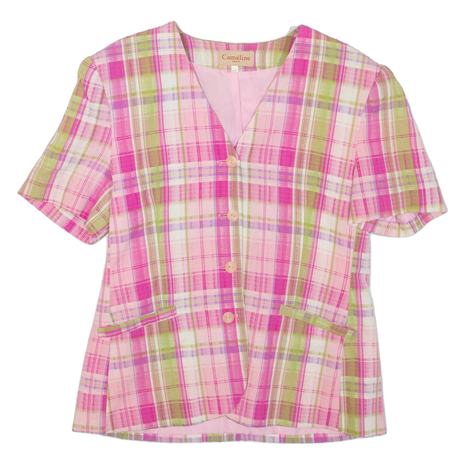 CAMELINE Womens Printed Blouse Pink V-Neck Check S Refurbished - N/A refurbished available on Cerqular