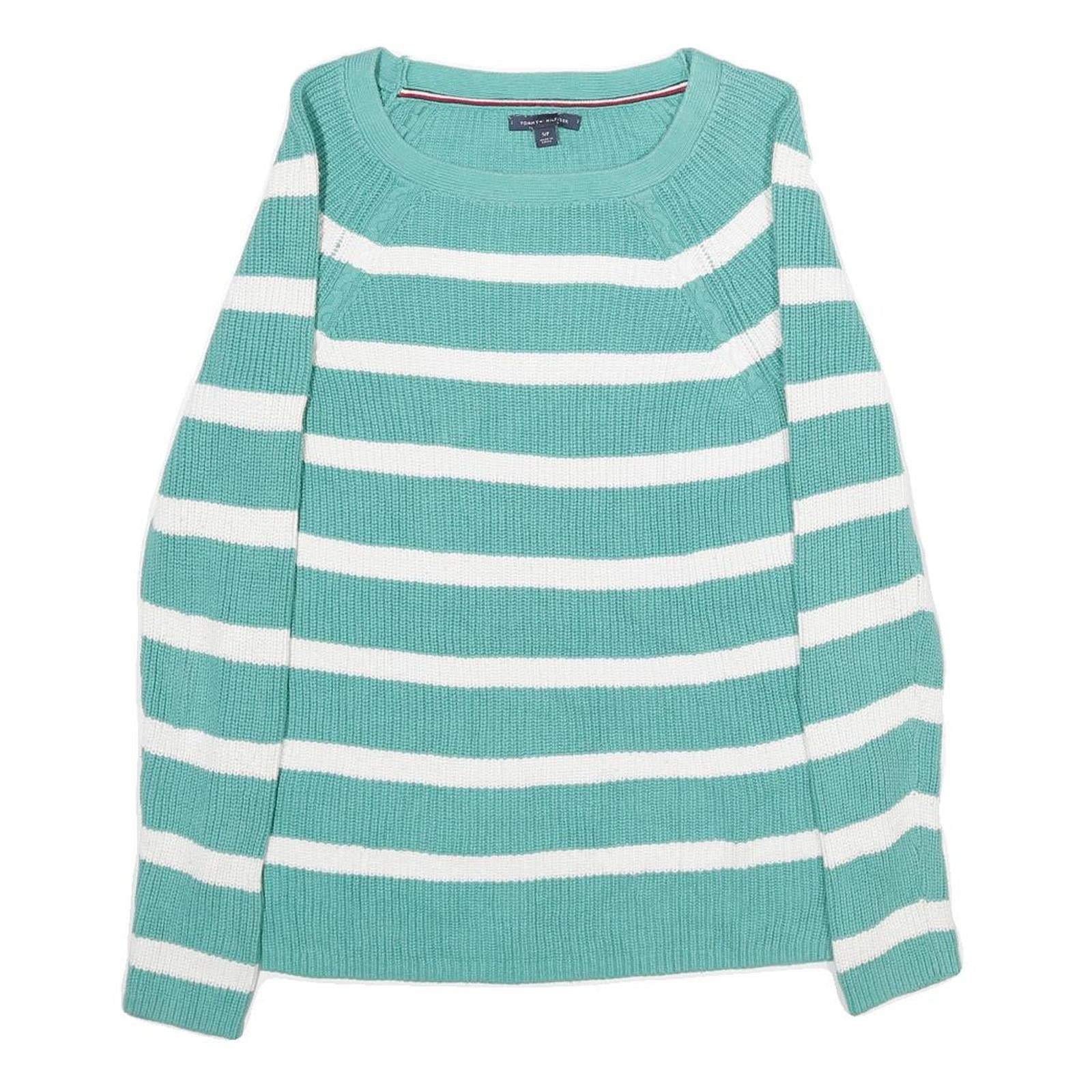 TOMMY HILFIGER Womens Green & White Patterned Cotton Jumper Round Neck Basic Refurbished - N/A refurbished available on Cerqular