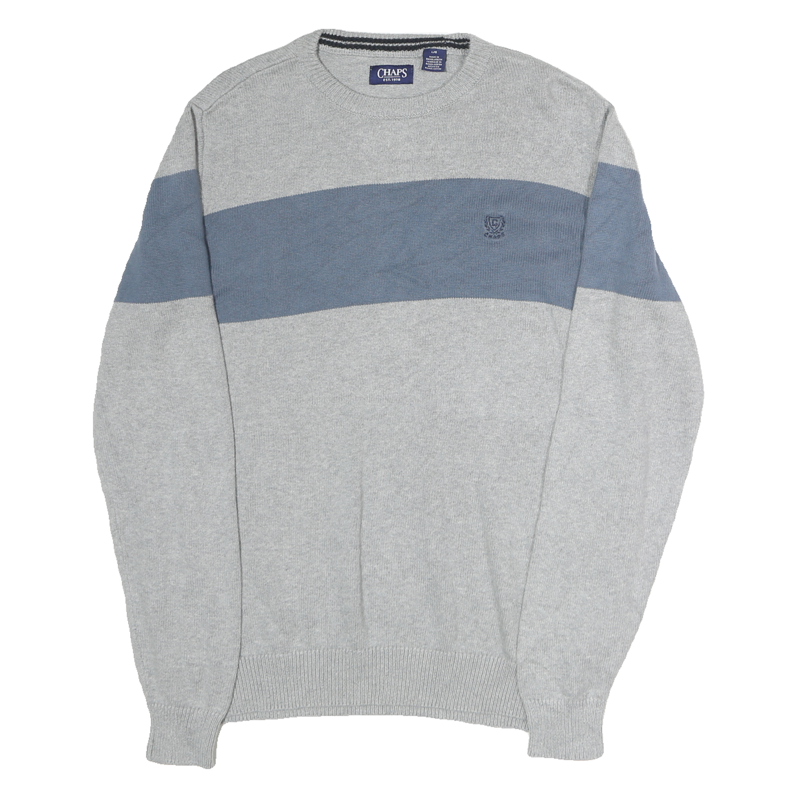 CHAPS Mens Grey & Blue Patterned Jumper Crew Neck Basic Knit L Cotton Comfort Refurbished - N/A refurbished available on Cerqular