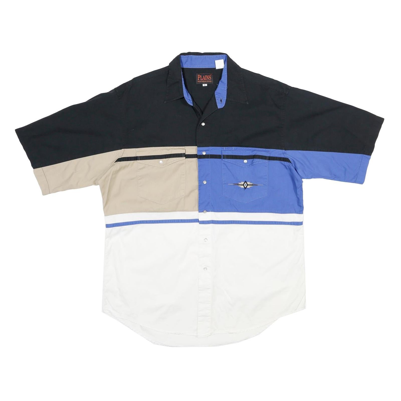 PLAINS Mens Black & Beige & Blue & White Cotton Shirt L Colourblock Button Refurbished - N/A refurbished available on Cerqular