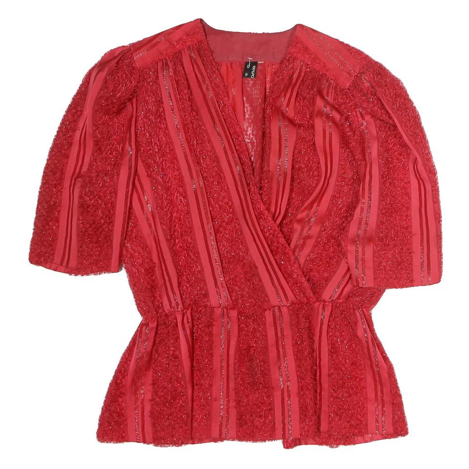 Womens Red Textured Stripe V-Neck Top M Polyester Blend Short Sleeve Refurbished - N/A refurbished available on Cerqular
