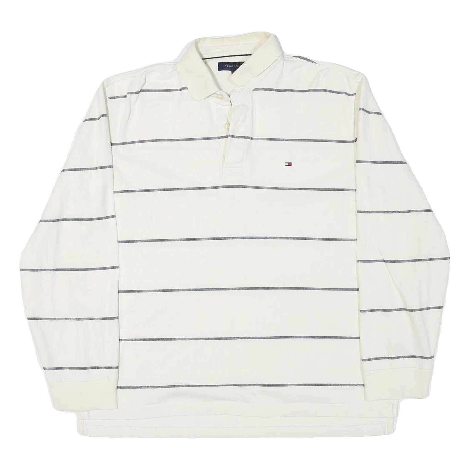TOMMY HILFIGER Mens White & Grey Stripe Long Sleeve Polo Shirt L Cotton Blend Refurbished - N/A refurbished available on Cerqular