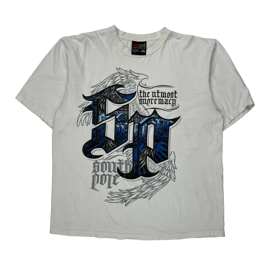 The Utmost Supremacy Southpole Graphic T-Shirt - 2XL White Cotton Refurbished - Thrifted (note: this is a term often used to describe second- refurbished available on Cerqular