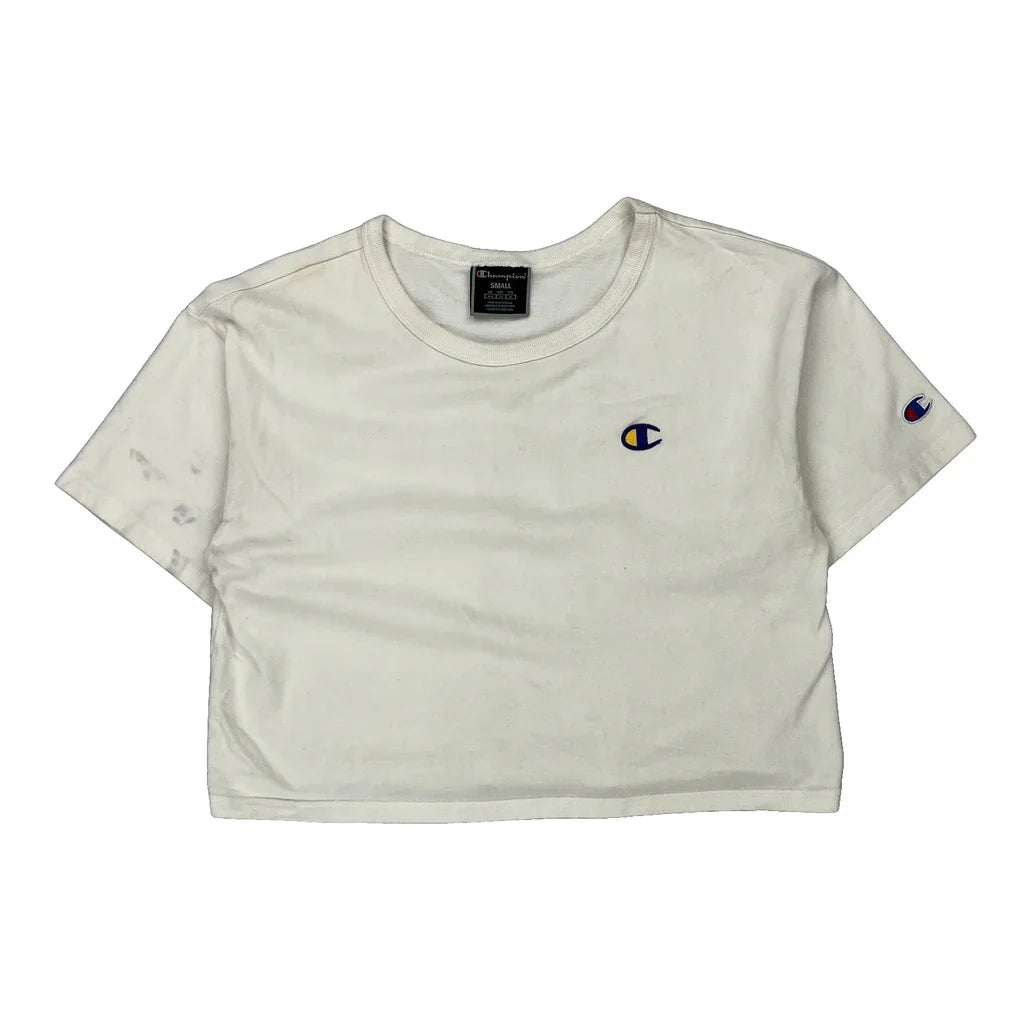 Champion Cropped T-Shirt - Small White Cotton Refurbished - Thrifted (note: this is a term often used to describe second- refurbished available on Cerqular