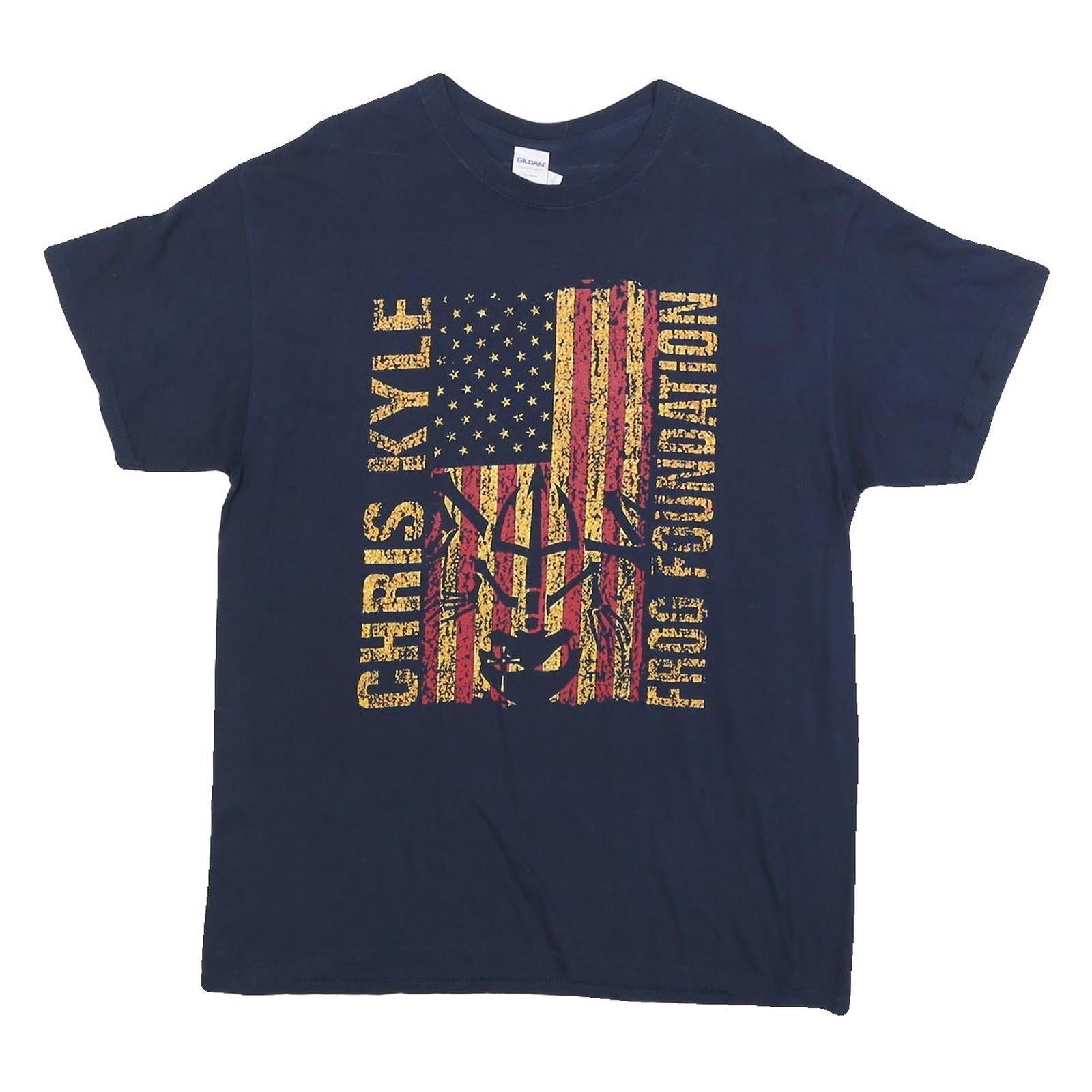 GILDAN Mens Navy Blue Chris Kyle Flag Foundation Graphic T-Shirt L Crew Neck Refurbished - N/A refurbished available on Cerqular