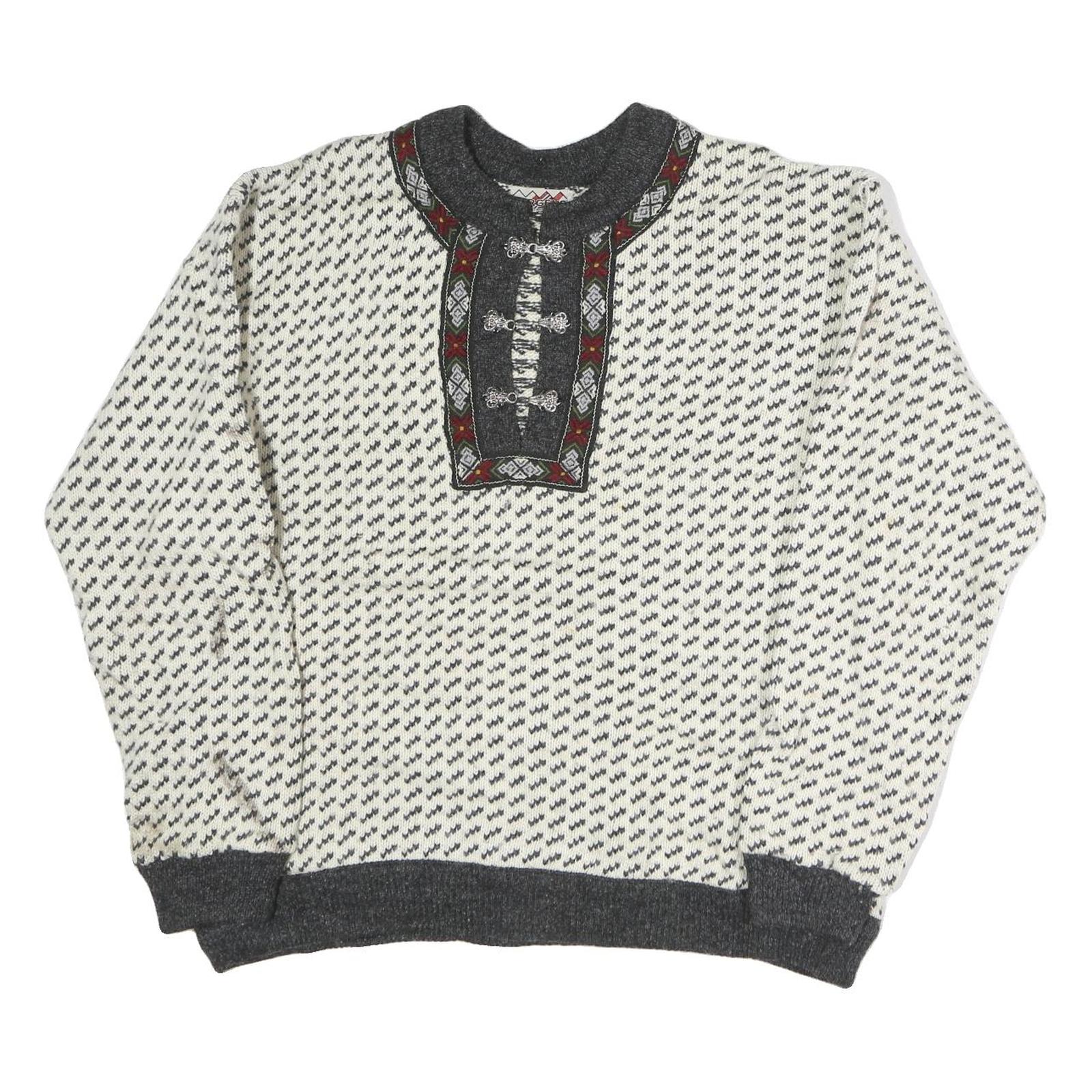 BERGENS Womens Cream & Grey Patterned Wool Jumper Round Neck Basic Knit L Refurbished - N/A refurbished available on Cerqular