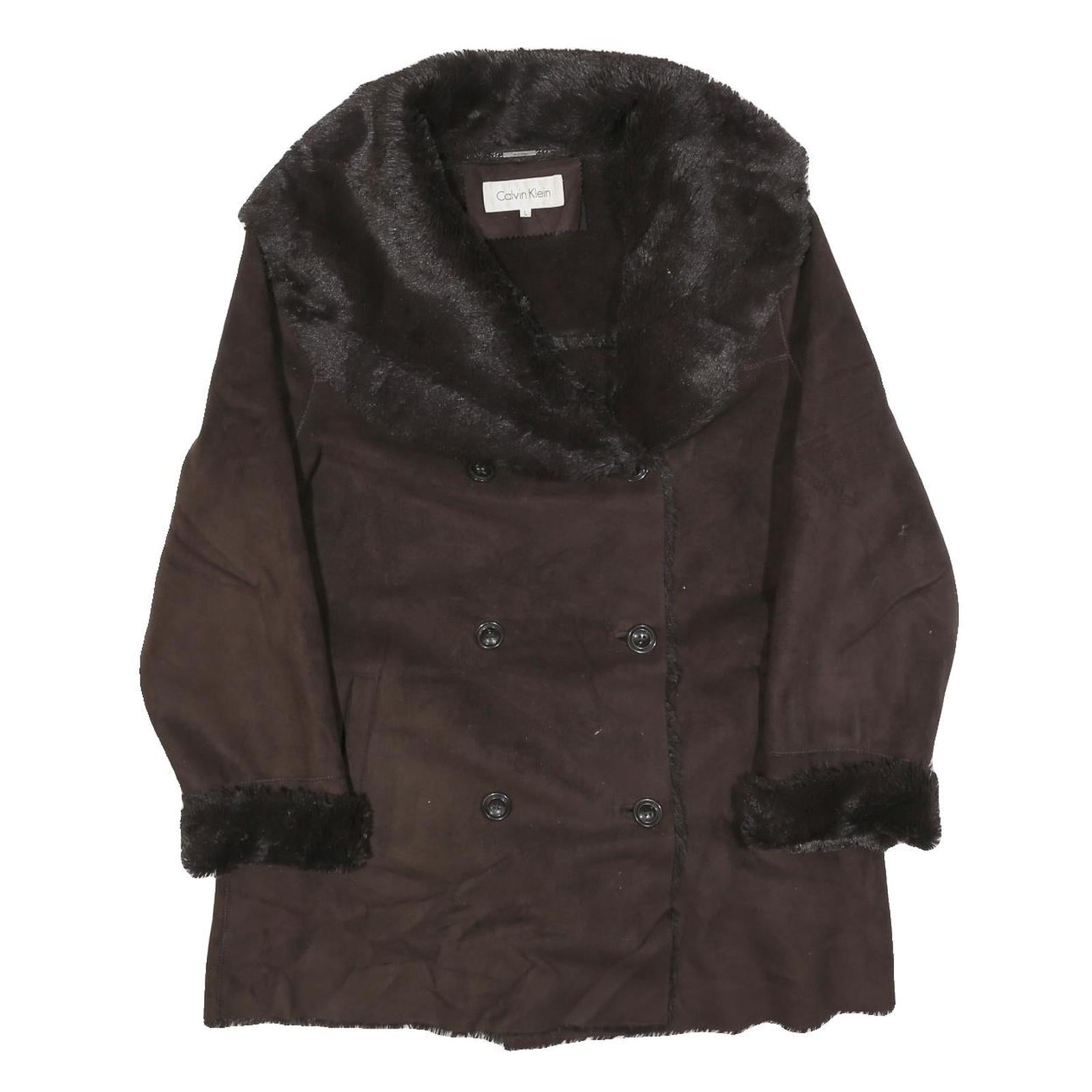 CALVIN KLEIN Womens Brown Faux Fur Collar Button Jacket L Polyester Classic Refurbished - N/A refurbished available on Cerqular