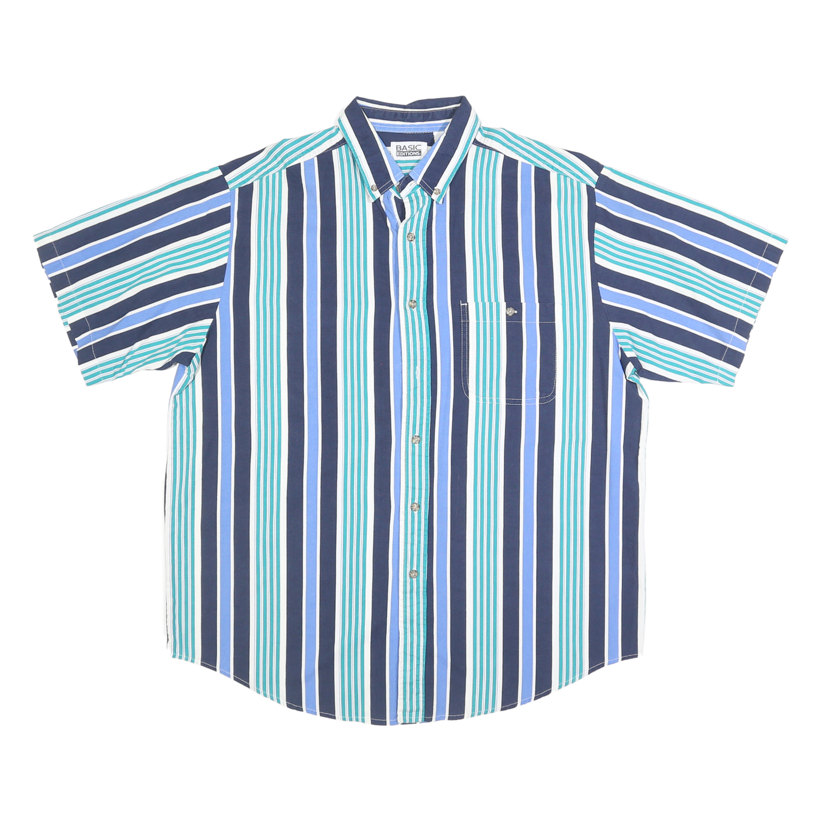 BASIC EDITIONS Mens Blue & Green Striped Button-Down Collar Shirt L Cotton Short Refurbished - N/A refurbished available on Cerqular