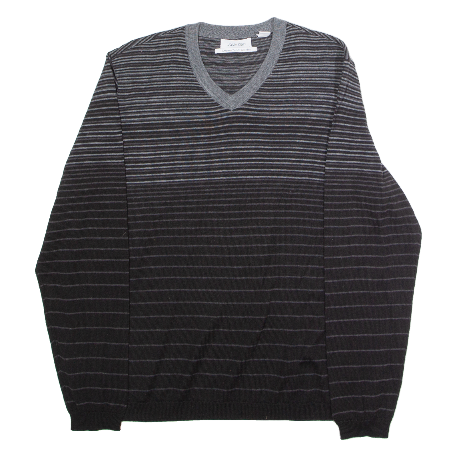 CALVIN KLEIN Mens Patterned Jumper Black Striped V-Neck Tight Knit Wool L Refurbished - N/A refurbished available on Cerqular