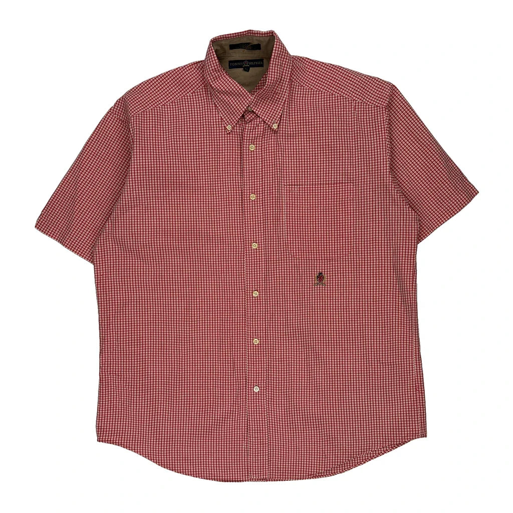 Tommy Hilfiger Checked Short Sleeve Shirt - Large Red Cotton Refurbished - Thrifted (note: this is a term often used to describe second- refurbished available on Cerqular