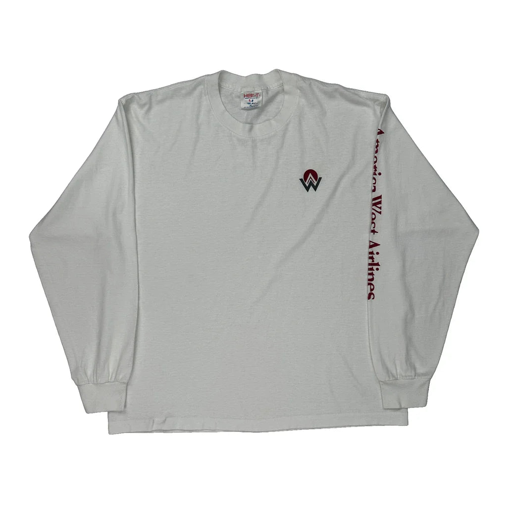 American West Airlines Tee Jays Spellout Long Sleeve T-Shirt - XL White Polyester Blend Refurbished - Thrifted (note: this is a term often used to describe second- refurbished available on Cerqular
