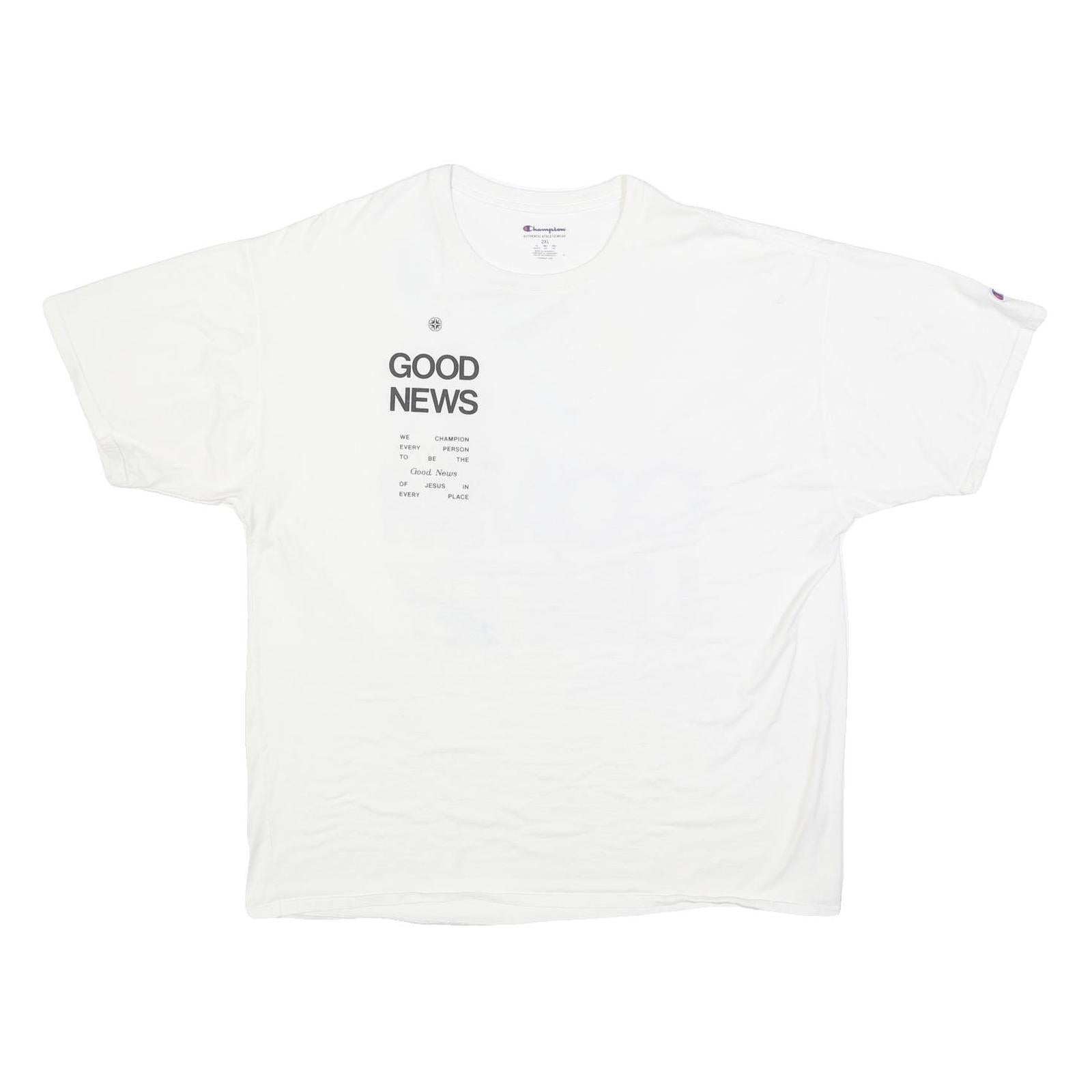 CHAMPION Mens White Graphic T-Shirt 2XL Short Sleeve Crew Neck Good News Refurbished - N/A refurbished available on Cerqular