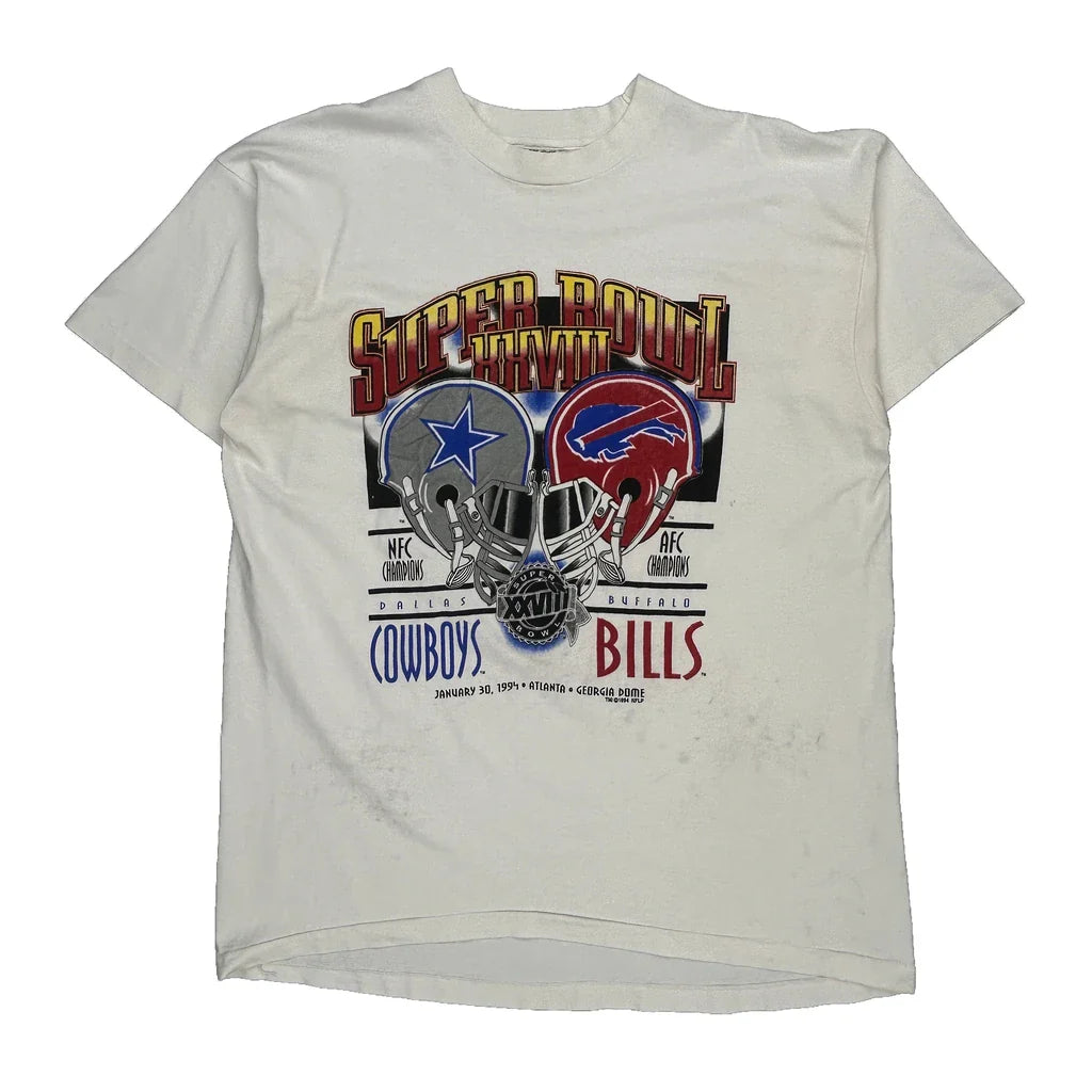 Dallas Cowboys Vs Buffalo Bills Fruit Of The Loom Single Stitch T-Shirt - 2XL White Cotton Refurbished - Thrifted (note: this is a term often used to describe second- refurbished available on Cerqular