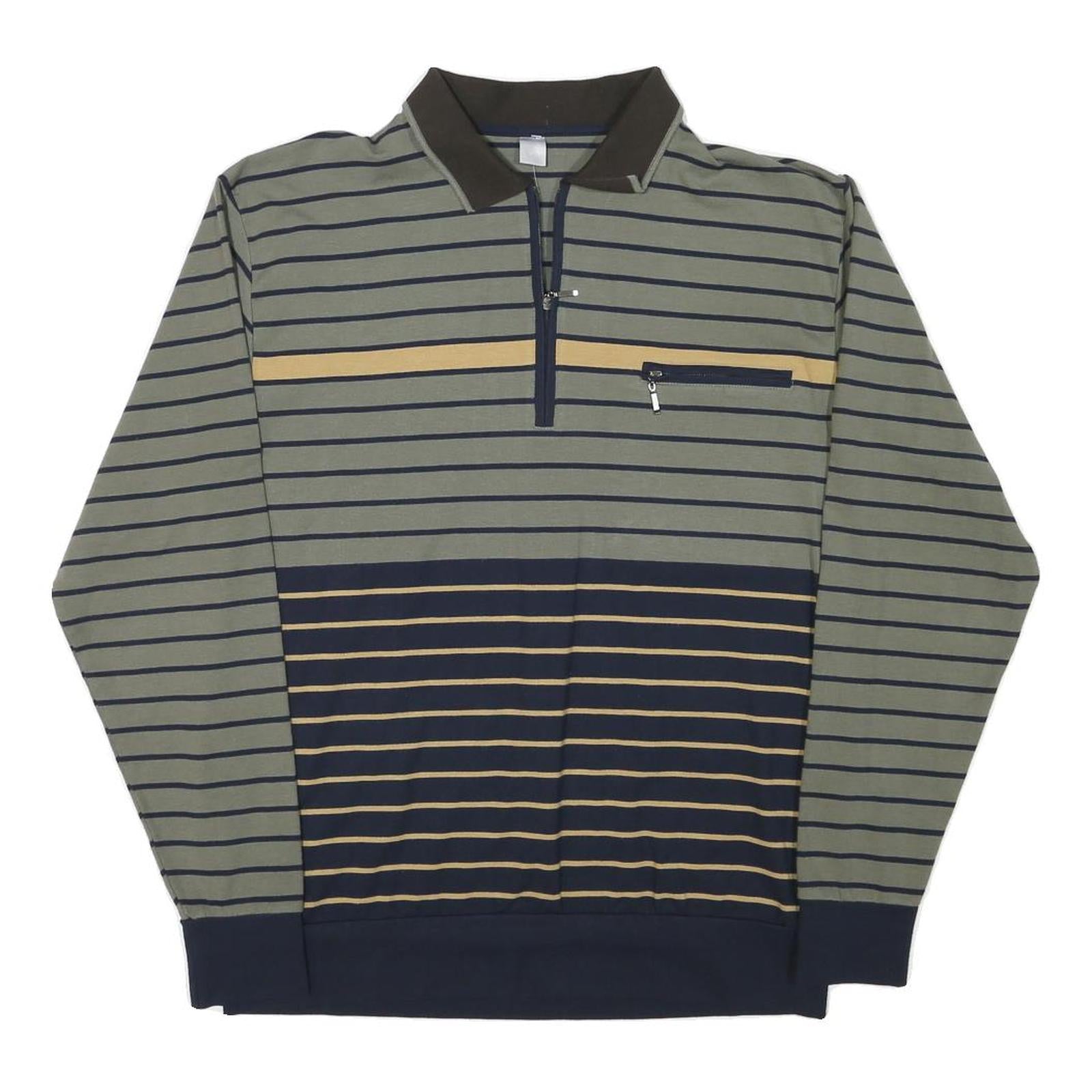 Mens Green & Navy Stripe Cotton Blend Sweatshirt Collared L Zipper Pocket Refurbished - N/A refurbished available on Cerqular