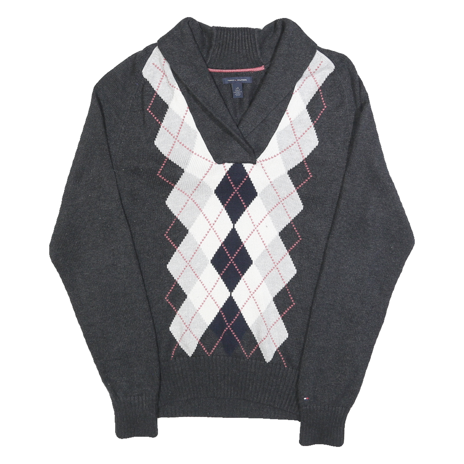 TOMMY HILFIGER Womens Grey Argyle Pattern Jumper Shawl Collar Cable Knit L Refurbished - N/A refurbished available on Cerqular