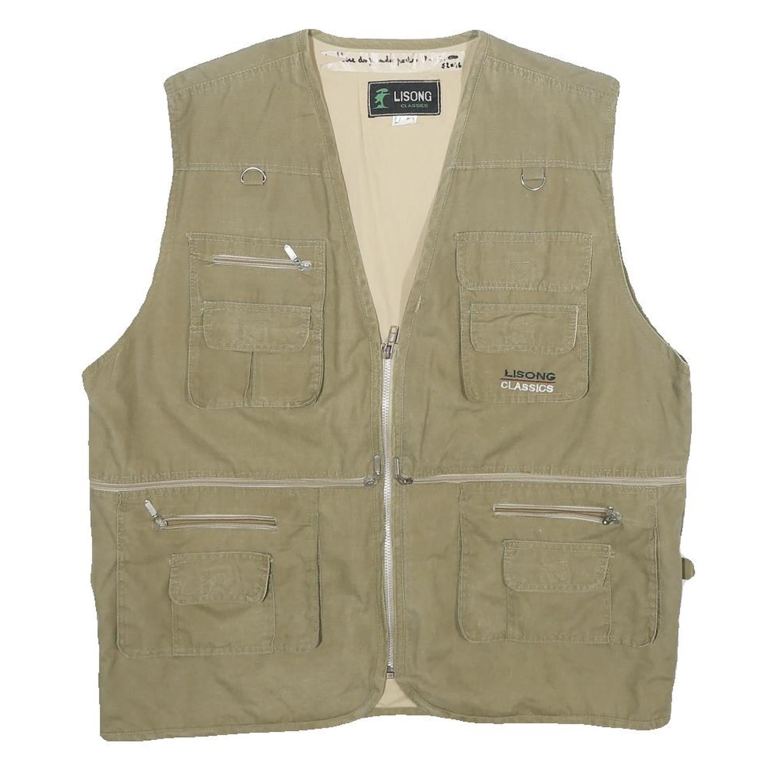 LISONG Mens Beige Utility Vest L Woven Plain Multi Pocket Zip Up Outdoor Refurbished - N/A refurbished available on Cerqular