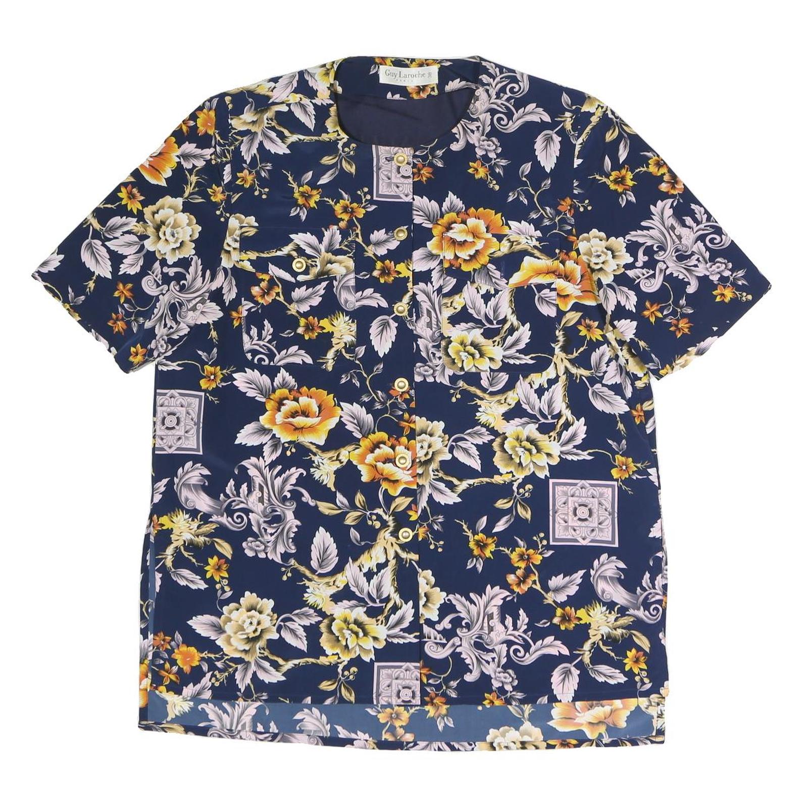 GUY LAROCHE Womens Blue Yellow Floral Printed Short Sleeve Round Neck Top XL Refurbished - N/A refurbished available on Cerqular