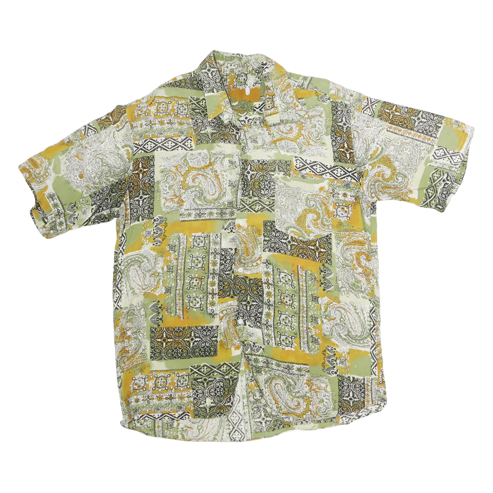 Mens Green & Yellow Patterned Cotton Blend Shirt M Casual Short Sleeve Button Refurbished - N/A refurbished available on Cerqular