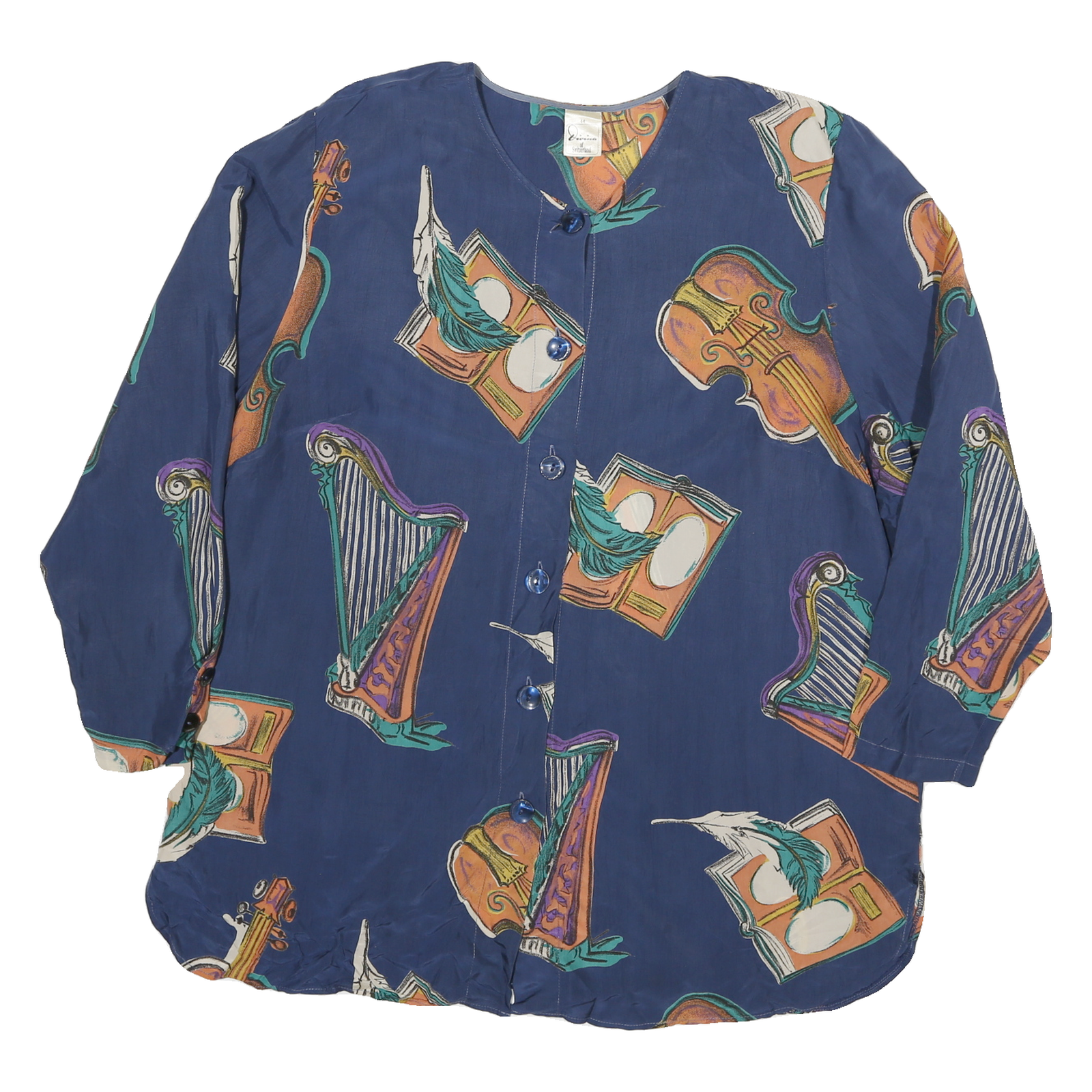 DIVINA Womens Blue Printed Shirt Long Sleeve Round Neck XL Rayon Musical Theme Refurbished - N/A refurbished available on Cerqular