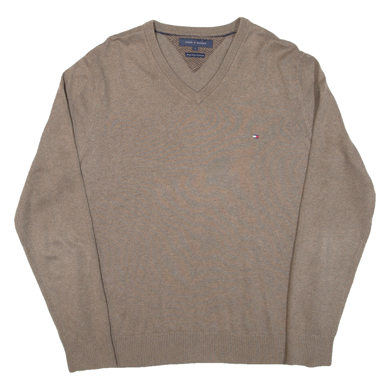 TOMMY HILFIGER Mens Jumper Brown V-Neck Tight Knit L Refurbished - N/A refurbished available on Cerqular